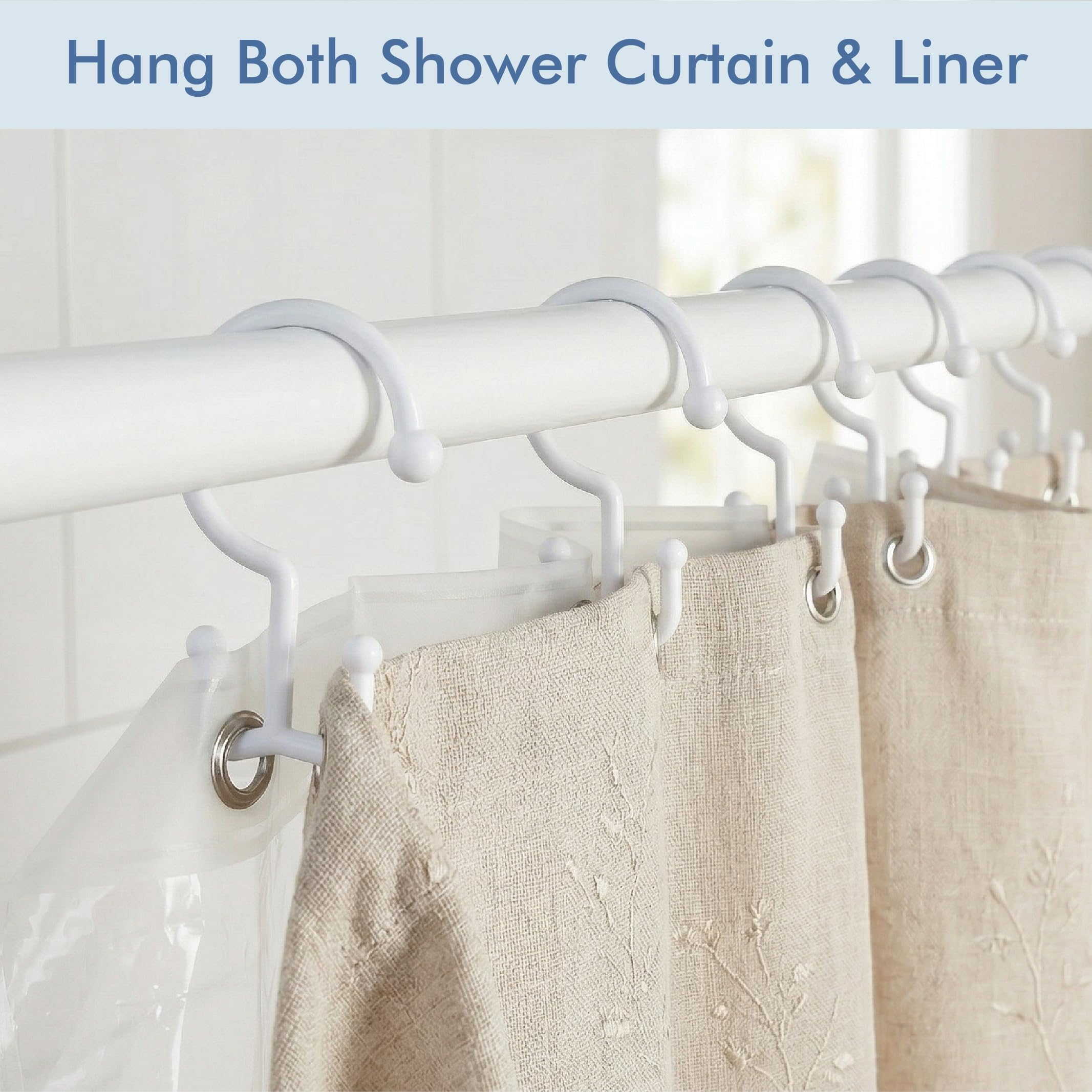 Bathway Plastic Double Shower Curtain Hooks,12Pcs Bathroom Shower Curtain Hooks, Smooth Sliding, Easy to Use, Multi-Functional Rings for Shower Curtain, White - 2