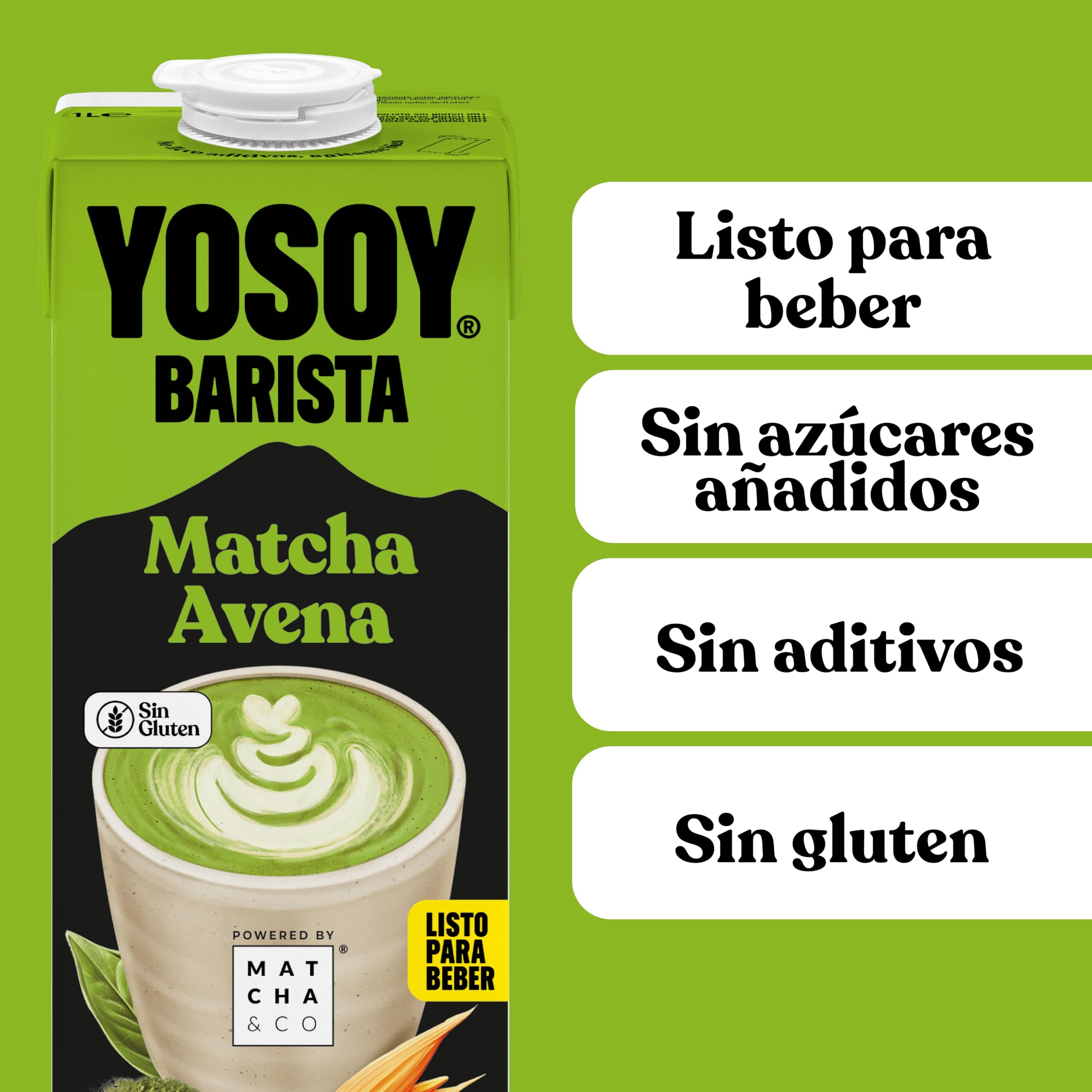 YOSOY Barista Matcha Bebida Vegetal con Avena, Sin Azúcares Añadidos, Pack de 6 x 1L