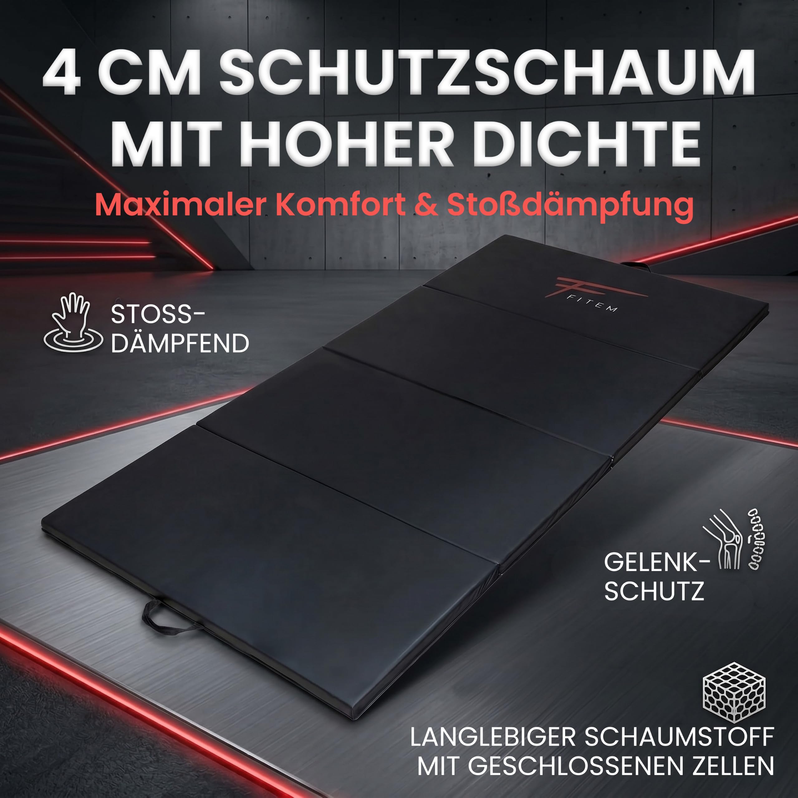 Fitem Fitnessmatten, faltbar, dick, Maße 240 x 120 x 4 cm oder 180 x 60 x 4 cm, mit Transportgriffen, für Gym, Yoga, MMA, Sport, Gymnastik, Fitness, Pilates, Muskeltraining