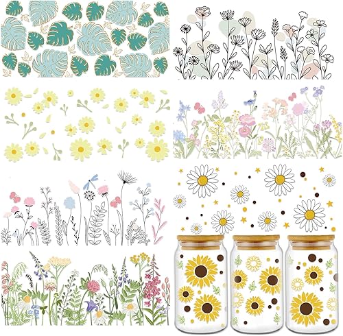 Rngmsi Envoltura de taza UV DTF  8 hojas de girasol UV DTF envolturas de taza para 16 oz flores mariposa coche UV DTF calcomanías impermeables