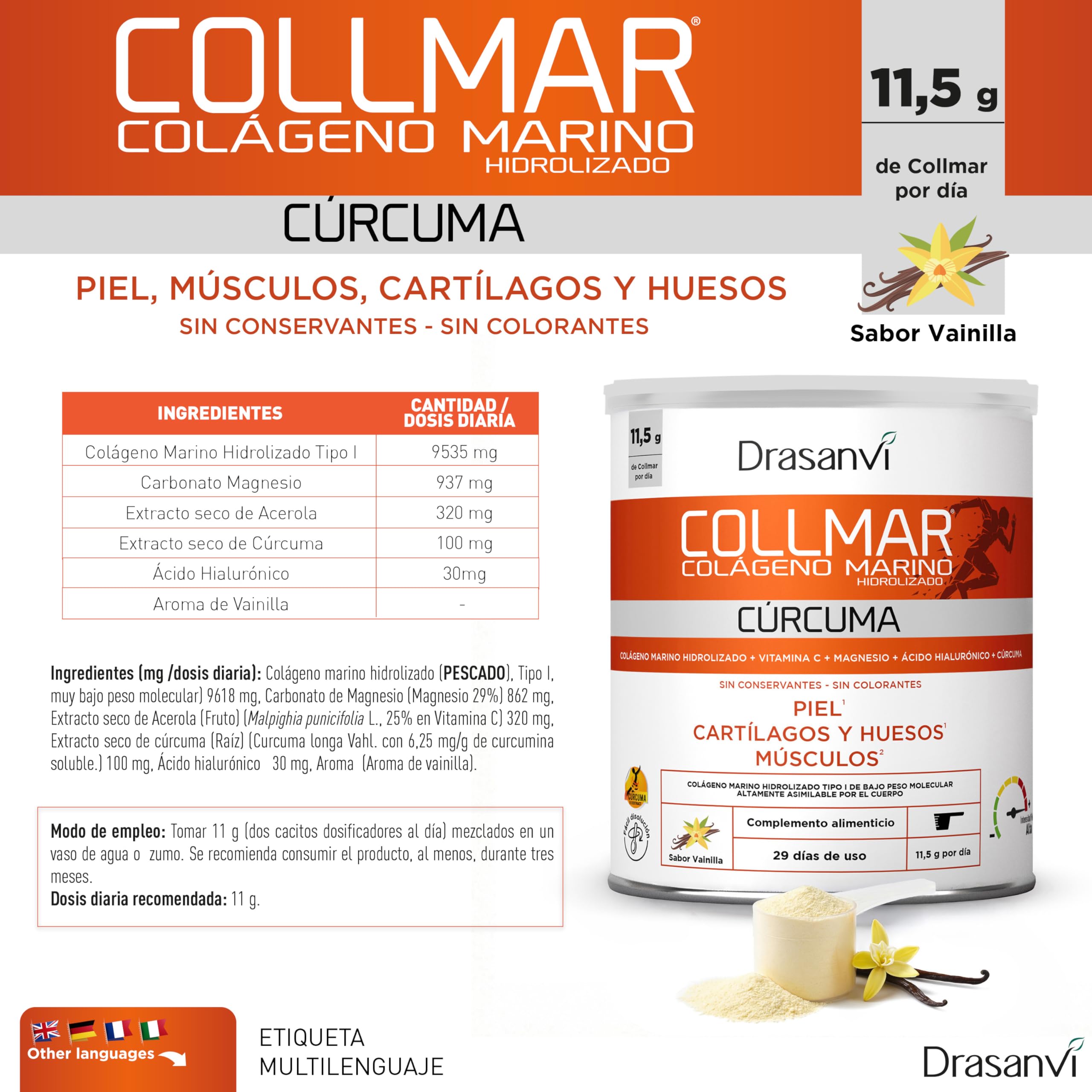 DRASANVI COLLMAR Colageno Marino Hidrolizado + Curcuma con Magnesio, Vitamina C, Ácido Hialurónico| Articulaciones y musculos | Máx. asimilación 9.595 mg/día | 340g de polvo | Collagen Sabor Vainilla