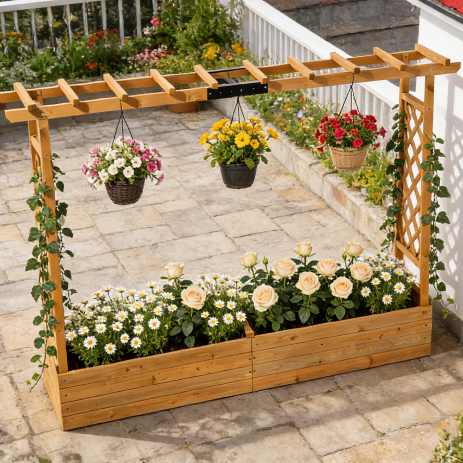 LEADZM Jardinières surélevées pour balcons, jardinière avec Treillis pour Jardins - pour Plantes grimpantes, légumes, Fleurs, extérieur (Version étendue(200 x 45 x 113 cm))