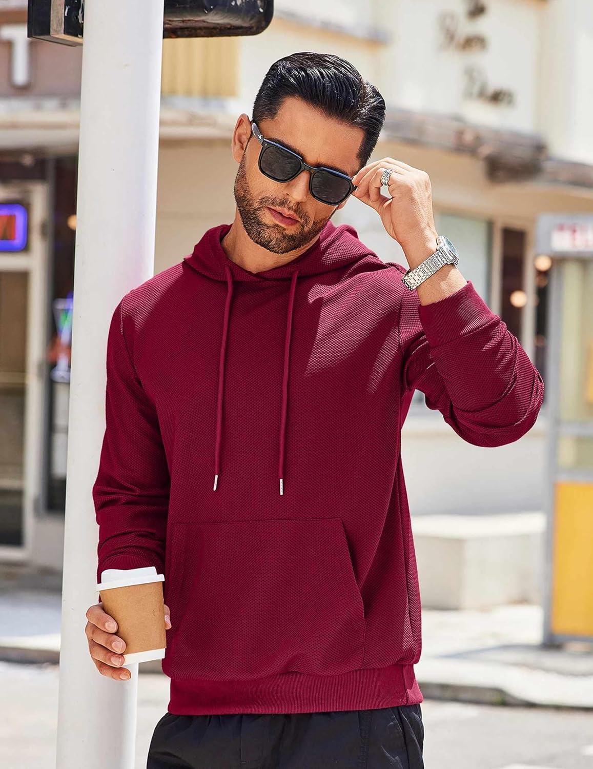 COOFANDY Men's Hooded Sweatshirts Long Sleeve Casual Waffle Knit Pullover Hoodies with Kanga Pocket - Image 2