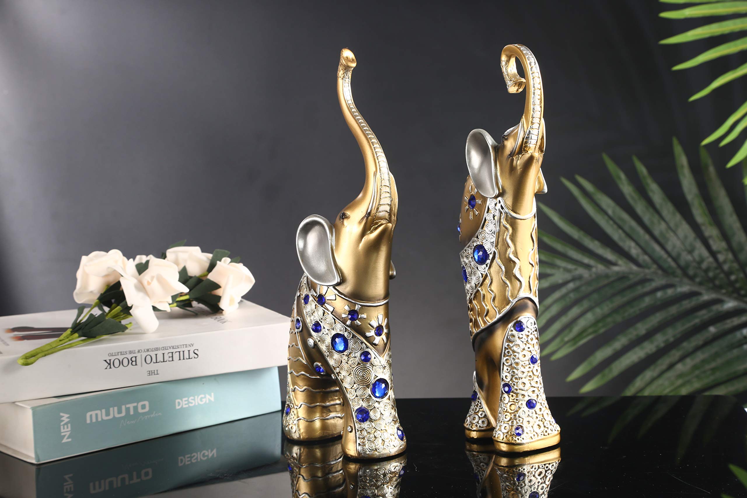 Mose Cafolo Zestaw 2 szt. para dużych 30 cm wysokości złotych Feng Shui tajskich posągów słonia figurki z pięknym niebieskim klejnotem bogactwo szczęśliwa figurka prezent i wystrój domu