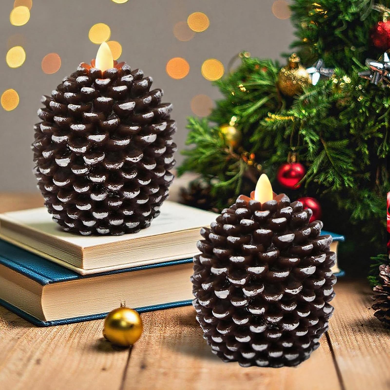 Wondise Candele senza fiamma con timer 6H, stoppino tremolante a batteria, candele in vera cera a forma di pigna, per decorazione di interni e festività, set di 2, marroni (8,9 x 11,9 cm)