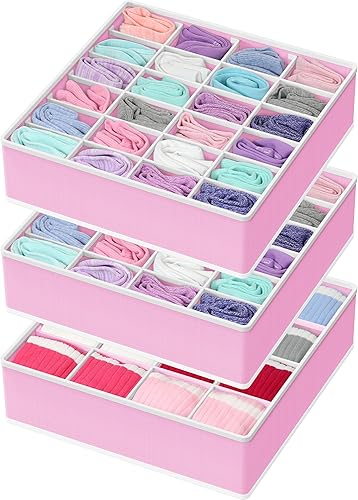 Simple Houseware Paquete de 3 organizadores de cajones para calcetines, 24 + 24 + 16 celdas, rosa