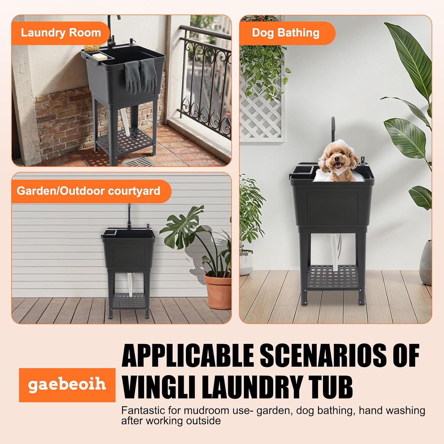 Space Saver Utility Sink Laundry Tub, Freestanding Plastic Laundry Sink Compact Shop Sinks Portable Single Bowl Washing Hand Basin w/Hot & Cold Faucet and Storage Rack for Garage Pet (Black)