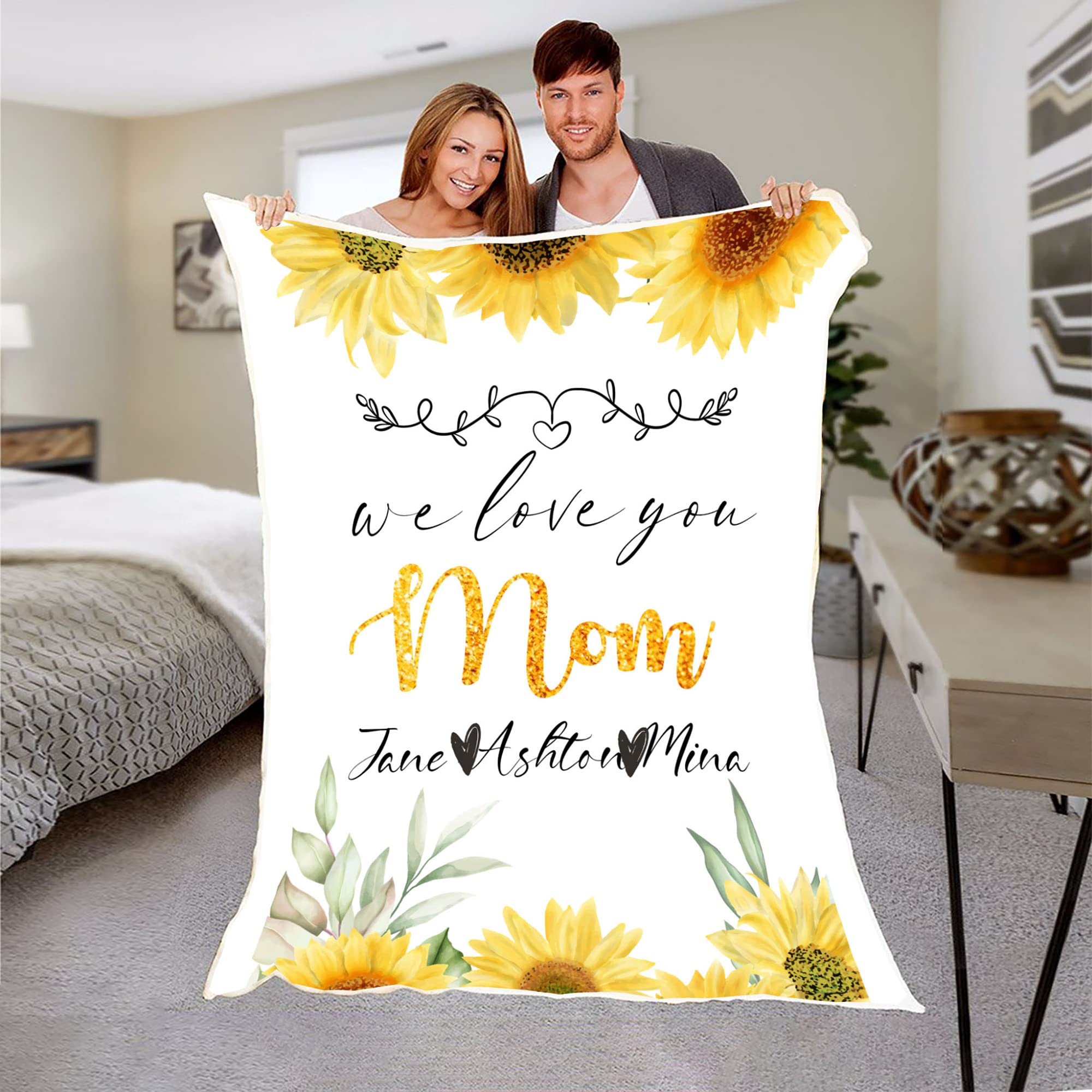 Manta personalizada con nombre para mamá para mamá, abuela, manta de flores con nombre personalizado, manta con nombres para mamá de hijo e hija, manta de forro polar con nombre personalizado para