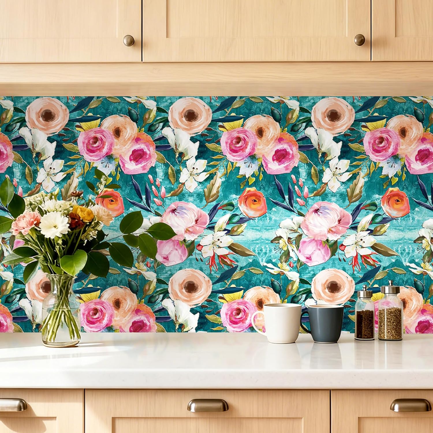 17.5x393 Peel and Stick Wallpaper Boho Floral Bright Bold Colorful Wallpaper for Bedroom Bathroom Kids Girls Renter Friendly Funky Watercolor Flower Contact Paper Pink Teal White Green Navy