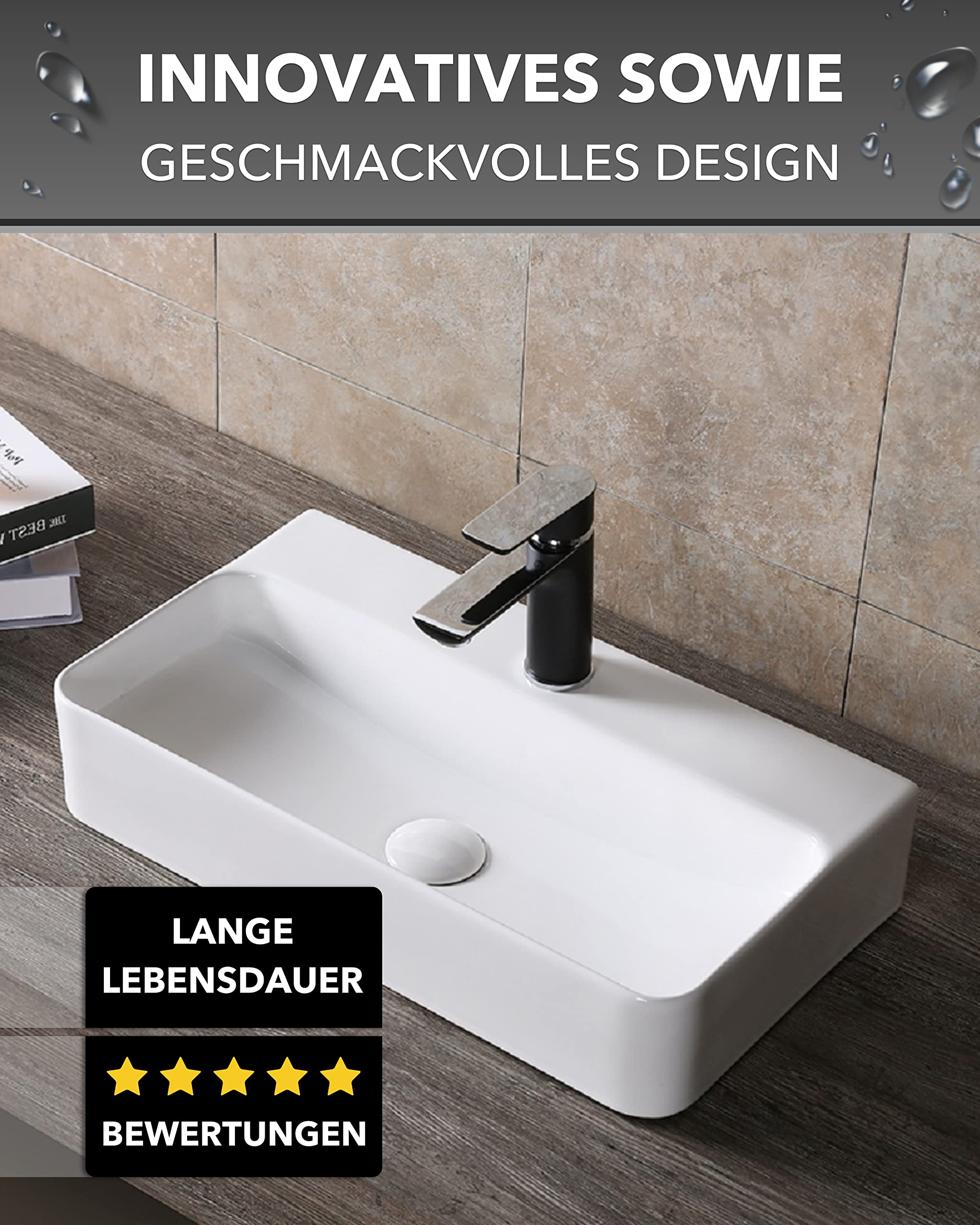 Umywalka kwadratowa premium – umywalka nablatowa na wysoki połysk – umywalka ceramiczna do umywalki – biała – 450 x 275 x 105 mm