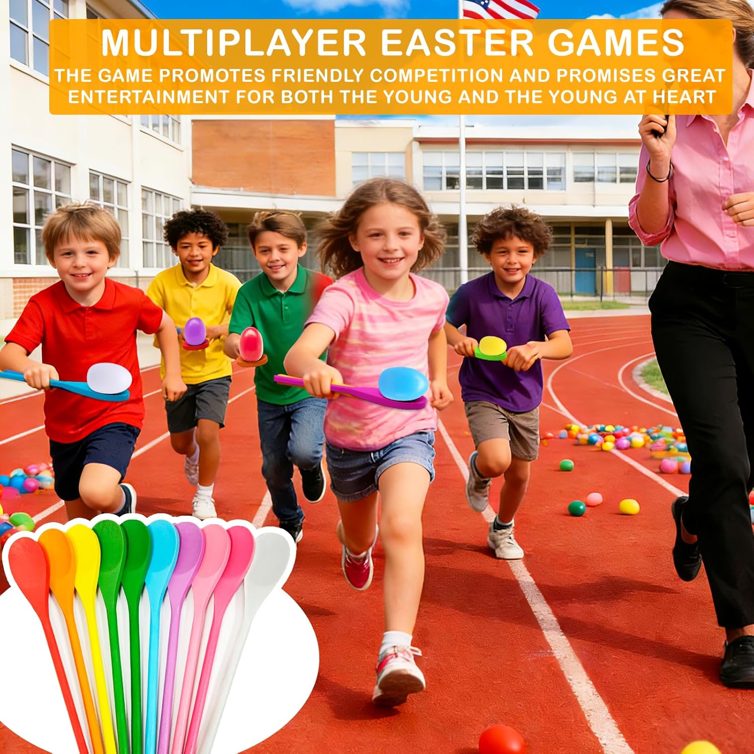 TOPLEE 20 Pcs Easter Egg and Spoon Race Game Set, 10 Players Balance Relay Easter Games Include 10 Eggs and Wooden Spoons for Kids Family Carnival Sports Outdoor Games Holiday Birthday Party Supplies