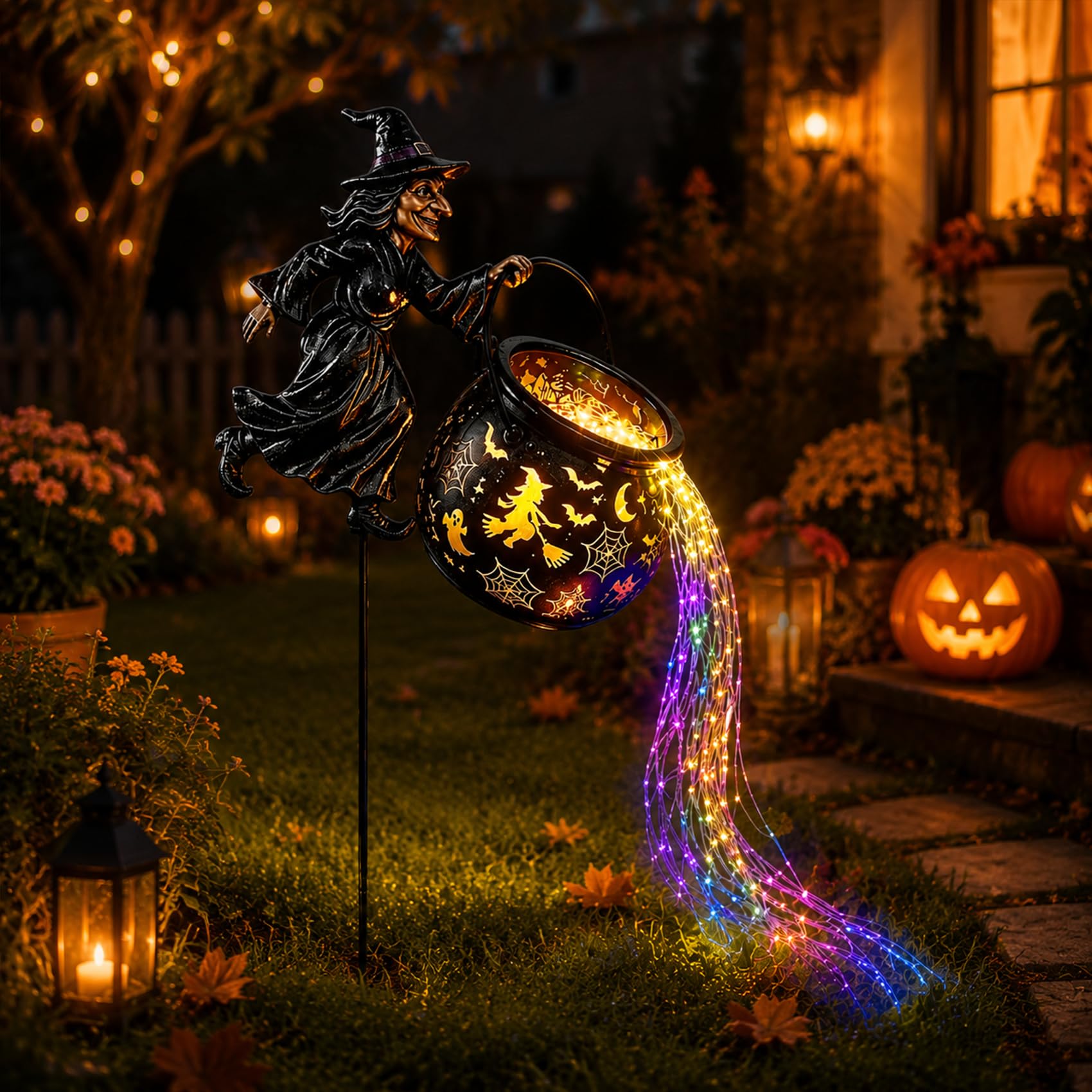 Leuchtender Halloween-Hexenkessel mit Hexe, 2027 NEU Magische HüTe – Hut- Und Wandprojektion Mit Lichterkette, Wasserfall-Stil für Halloween, Zauberhaft für Garten, Rasen und Wege (1)