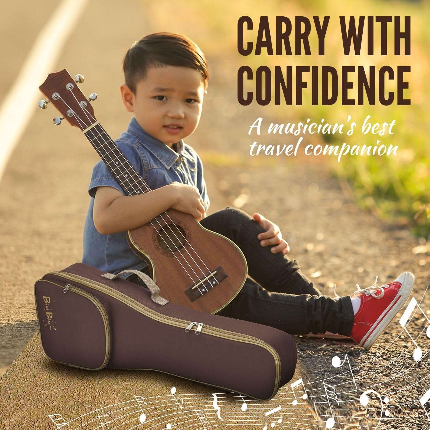 Flexzion Custodia per ukulele, 58 cm, zaino tenore, custodia morbida, impermeabile, con maniglia per il trasporto, tasca e tracolla regolabile, marrone