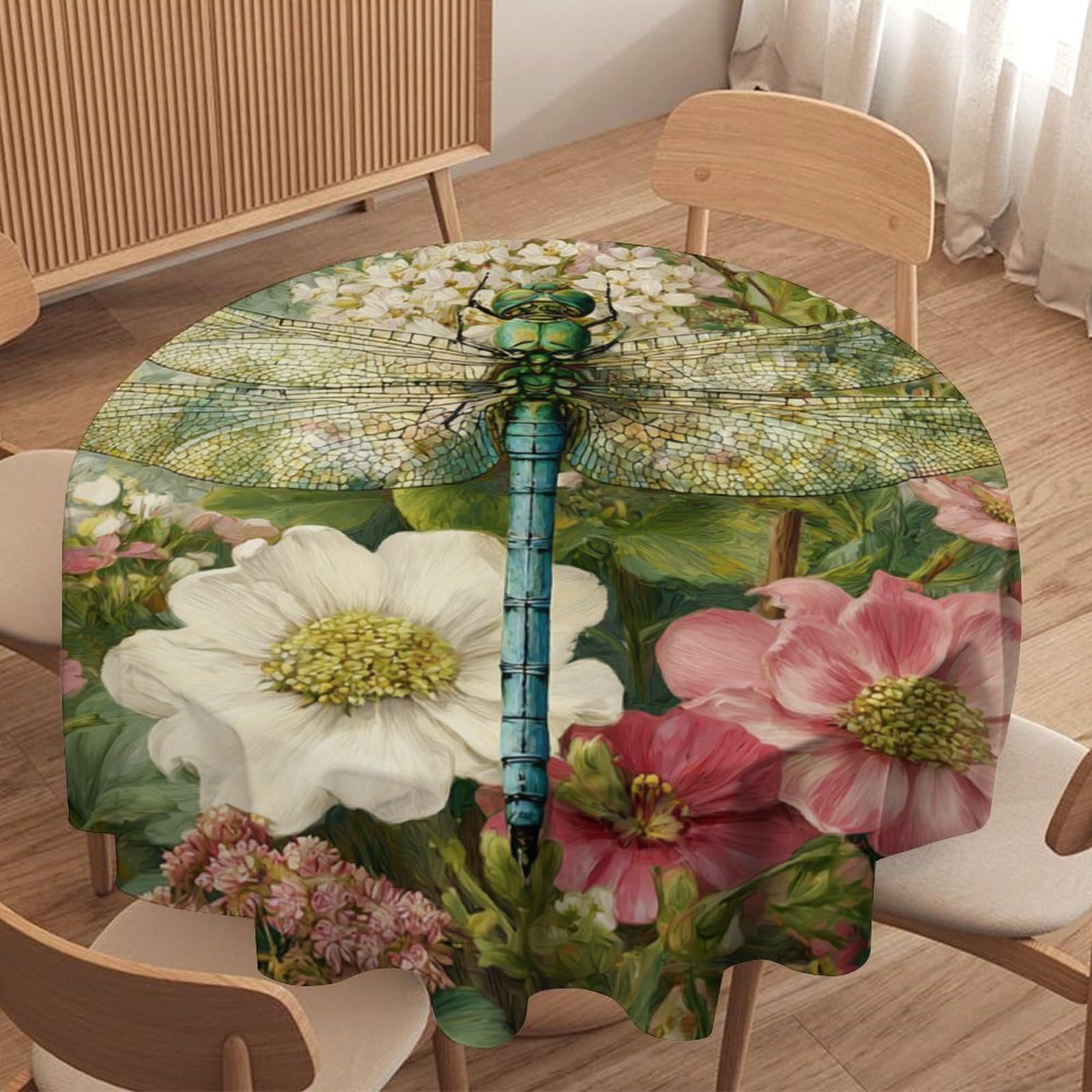 LUYYSKY Abstract Natural Animal Dragonfly Waterproof Round Tablecloth Retro Watercolor Spring Garden Plant Flowers Dragonflies Print Washable Table Cover for Kitchen-152.4" Wx152.4 L cm