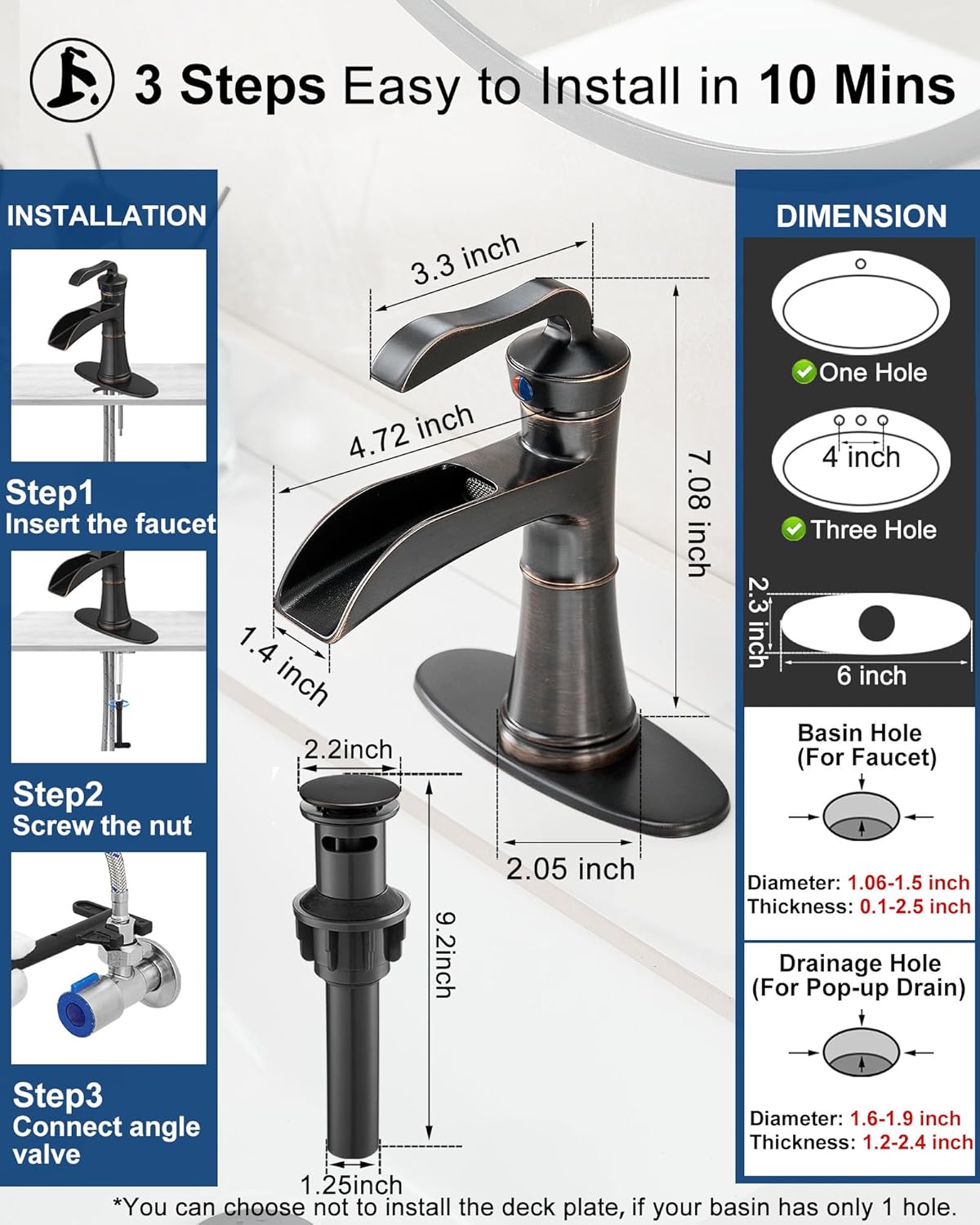 4 Inch Oil Rubbed Bronze Bathroom Faucet 1 Hole, Antique Brass Waterfall Faucet for Bathroom Sink, Single Handle Farmhouse Bathroom Faucets 3 Hole with Deck Plate, Supply Hoses & Pop-up Drain