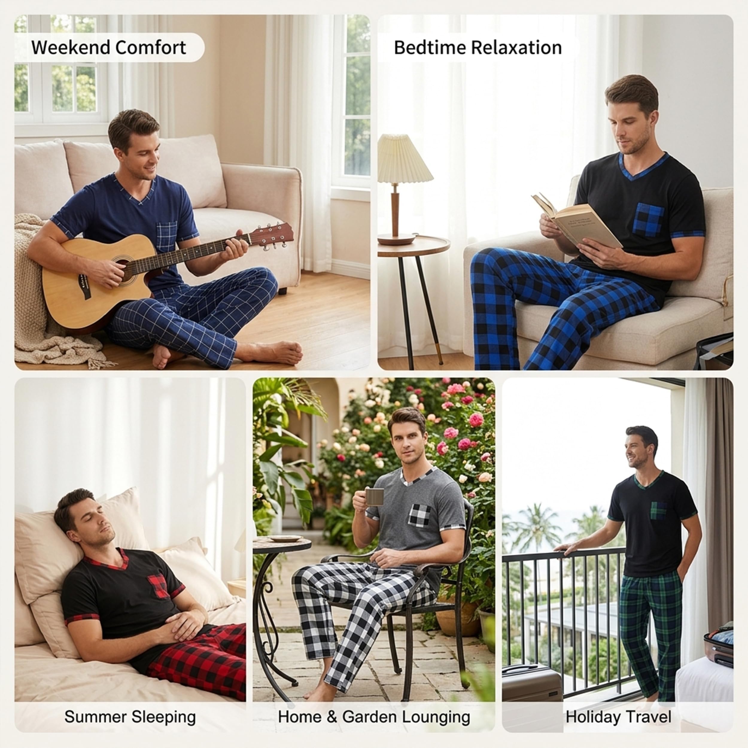 Bas de Pyjama Homme à Carreaux en Coton Peigné Pantalon de Détente avec Poches Lingerie de Nuit Confort Quotidien