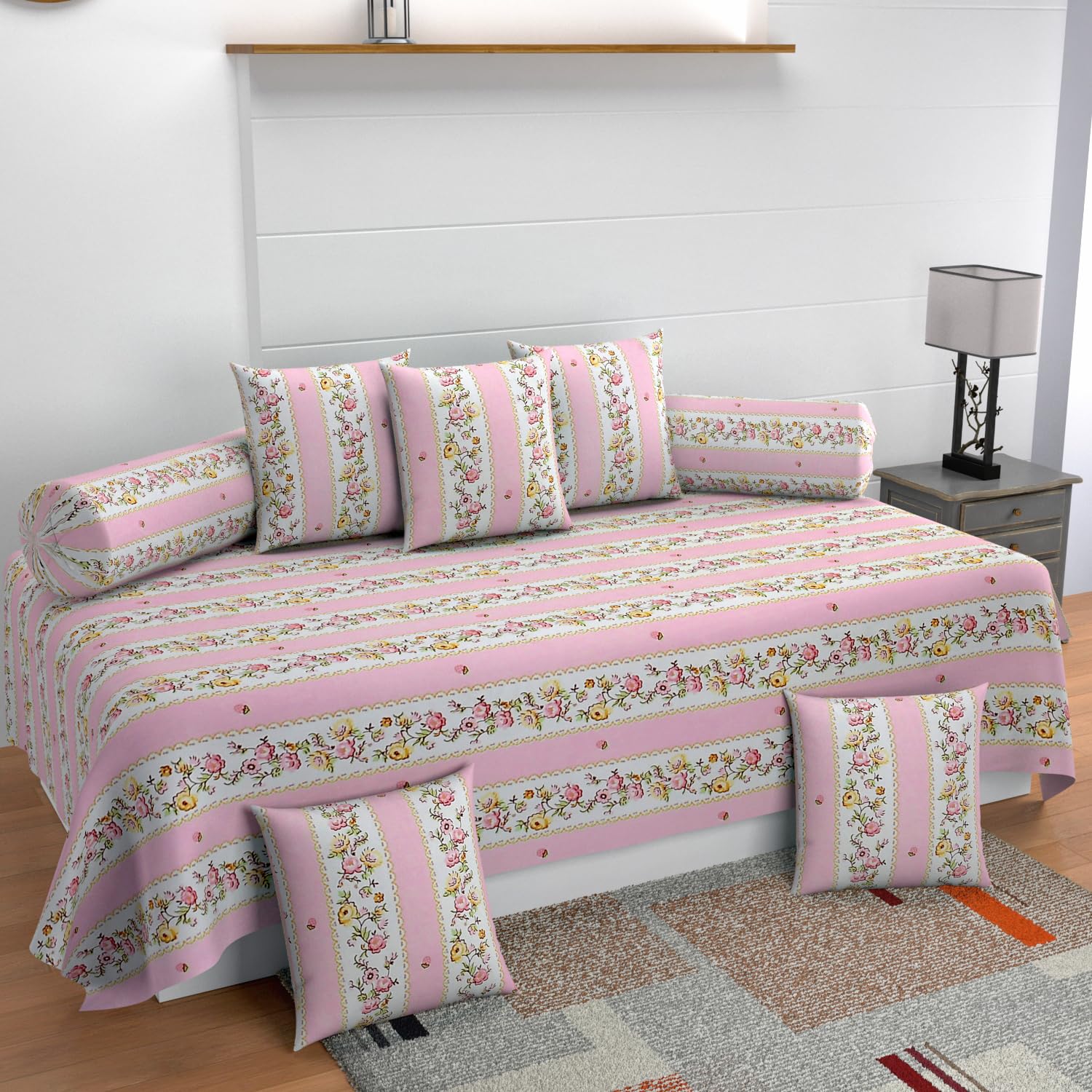 MANIQATEX Floral Diwan Set with 5 Cushions and 2 Bolsters, Pink and White Striped Pattern-picture-32