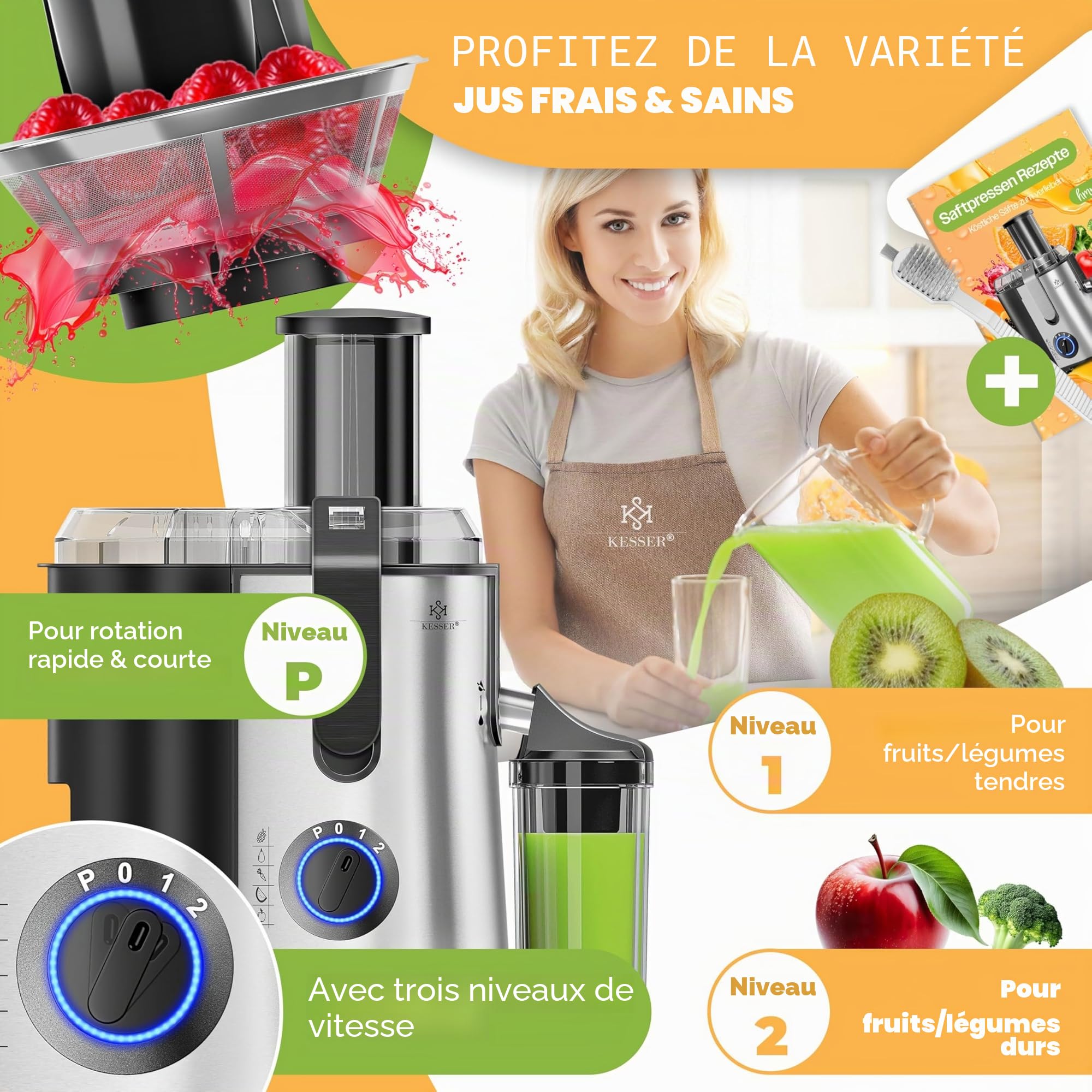 KESSER - Centrifugeuse en Inox Fruits et légumes 1100W, Extracteur de jus, Capacité 1L, Ouverture 85mm