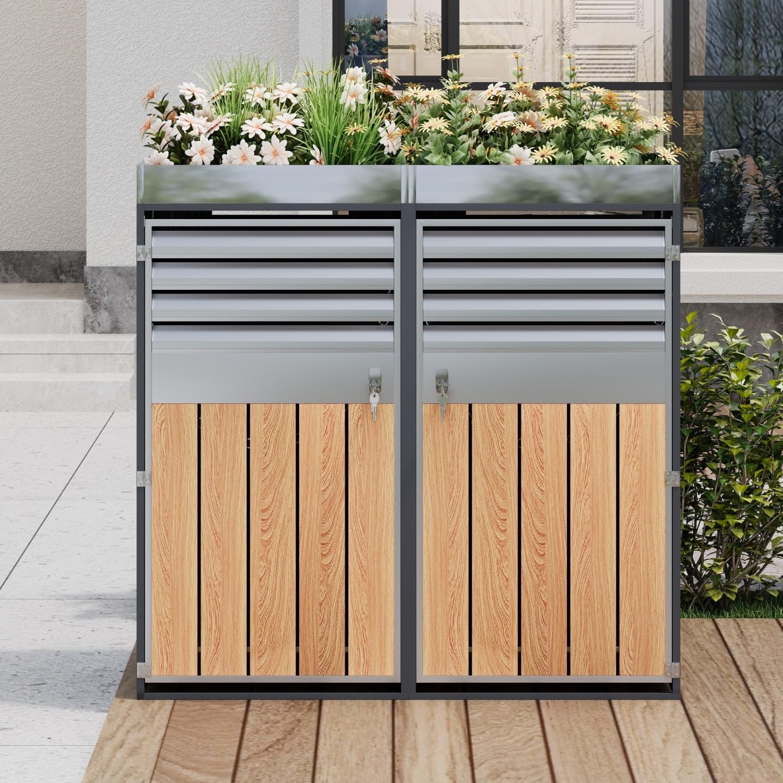 Abri pour poubelles, Ouverture d'aération à lamelles, Compartiments de Rangement pour poubelles, verrouillable, Quatre Portes, Espace pour Plantes (1)