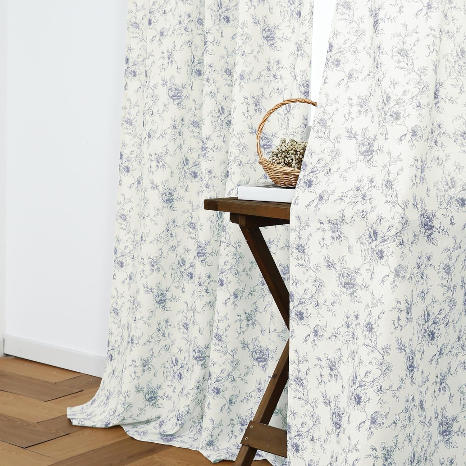 Blue Floral Patterned French Country Curtains, Light Dusty Blue Grey Toile Patterned Linen Farmhouse Coastal Curtains for Living Room Bedroom 84 Inch Length 2 Panels Set