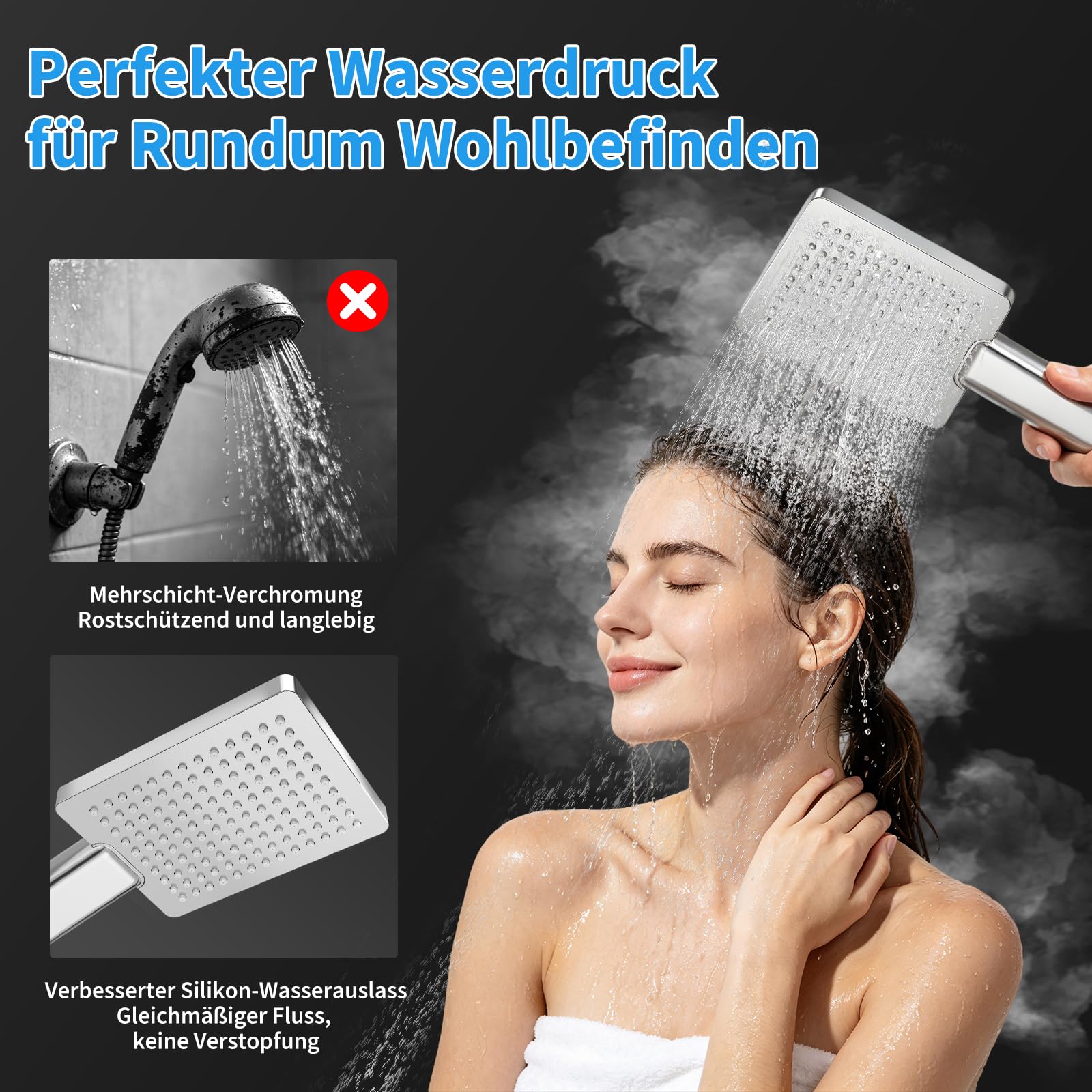 Duscharmatur Komplettset, Thermostat Duschsystem mit 25cm Edelstahl Regendusche, Handbrause, höhenverstellbare Duschstange 88-125cm, Sicherheitssperre 38°C, Anti-Kalk Düsen, Anti-Leck Schlauch, Chrom