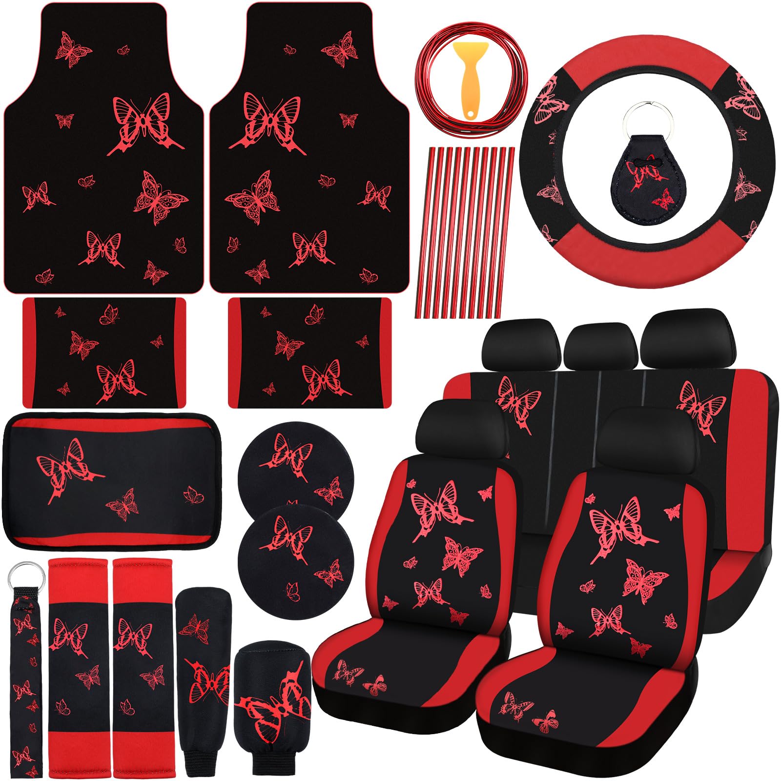 BBTO 47 Pcs Red Black Butterfly Car Seat Full Set Butterfly Car Accessories for Women 5 Front Rear Seat Covers Wrist Strap 2 Pieces Cup Mat Armrest Pad 2 Seat Belt Cover Accessories for SUV Car