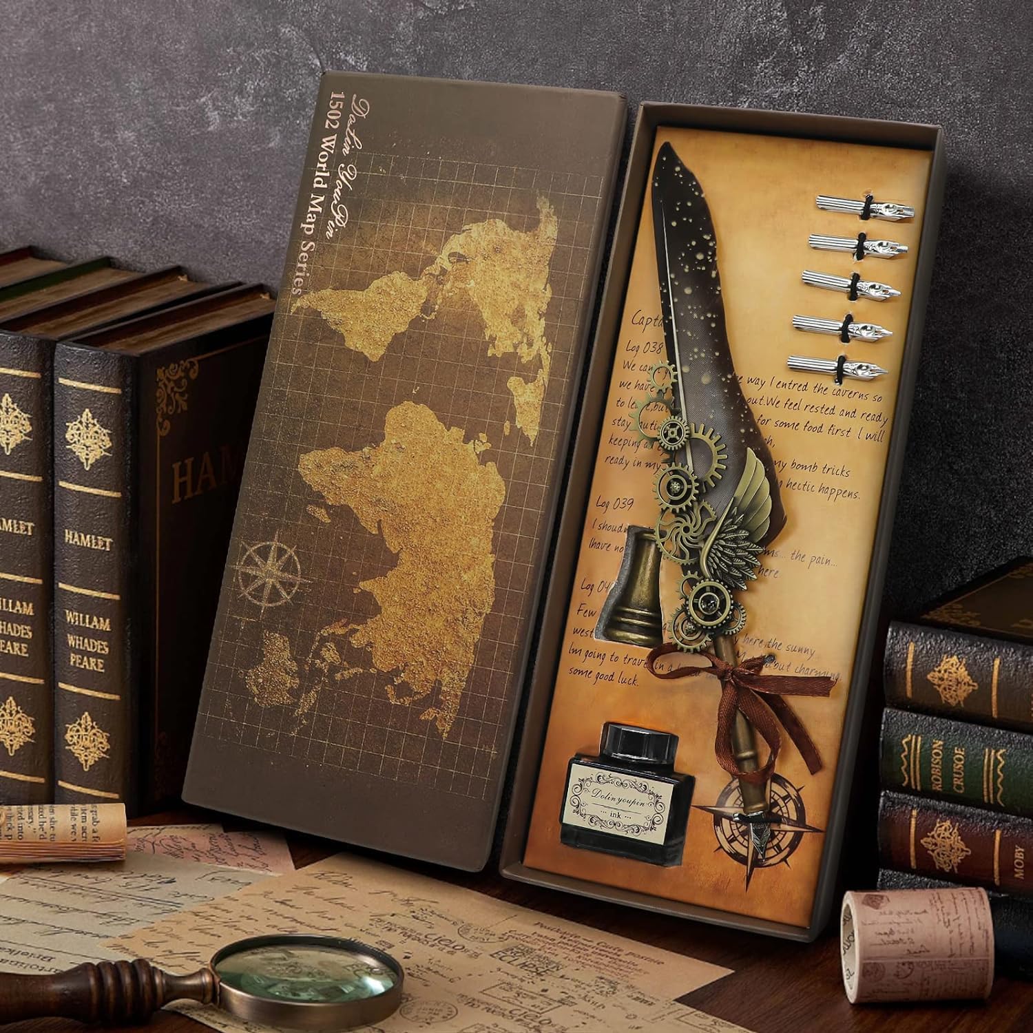 SPITEN Antique Quill Pen Calligraphy Set: Elegant Writing and Drawing Kit for Signature, Wedding, and Retro Décor - Includes Ink Dip, Replacement Nibs - Perfect Birthday or Wedding Gift (1) 1