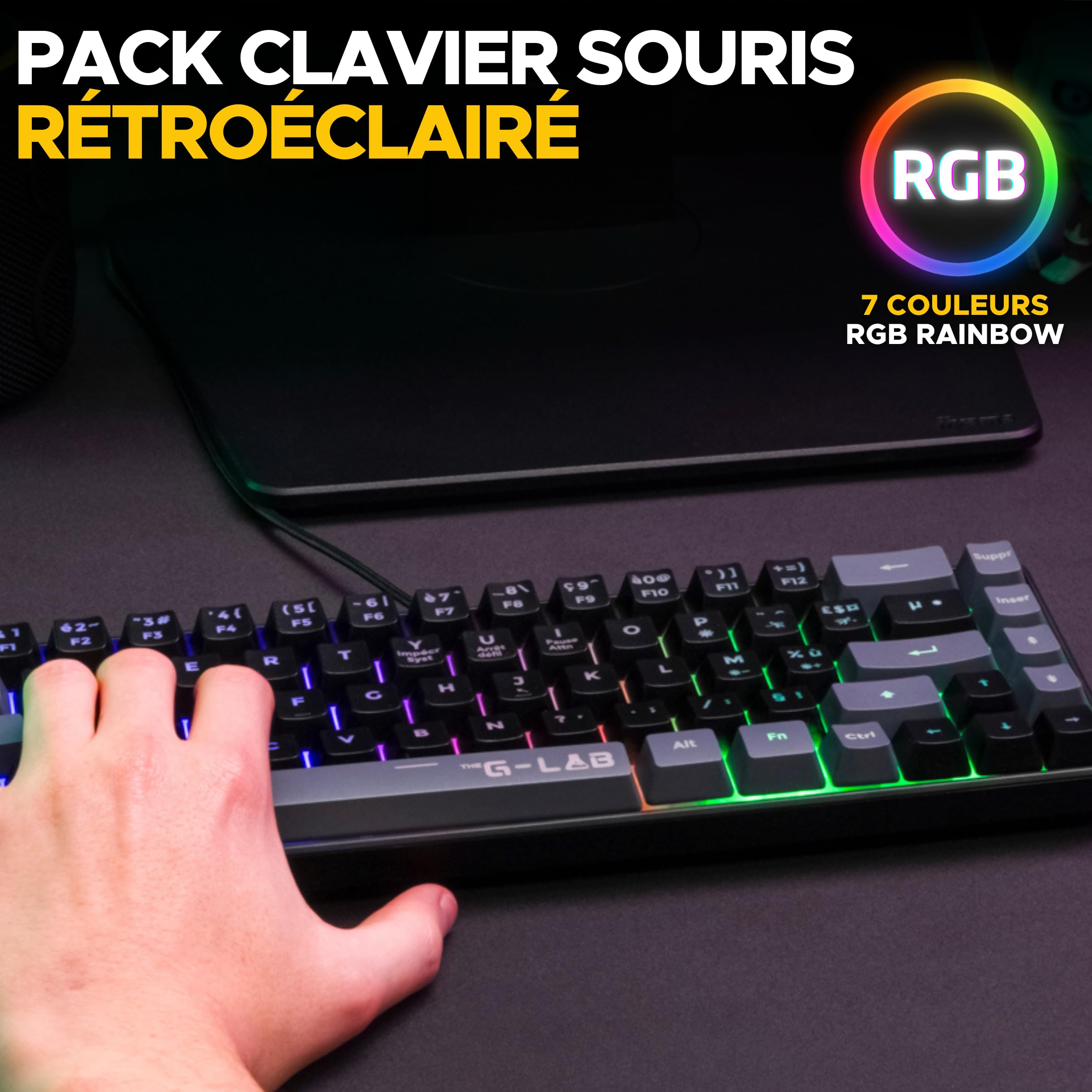 The G-Lab - Combo Hydrogen - Pack Clavier Souris Gamer, Clavier Gamer 65% Filaire, Rétroéclairage RGB, azerty, Format Compact + Souris Gaming RGB, 6 Boutons, 7200 DPI - PC/PS4/PS5 – Noir/Gris