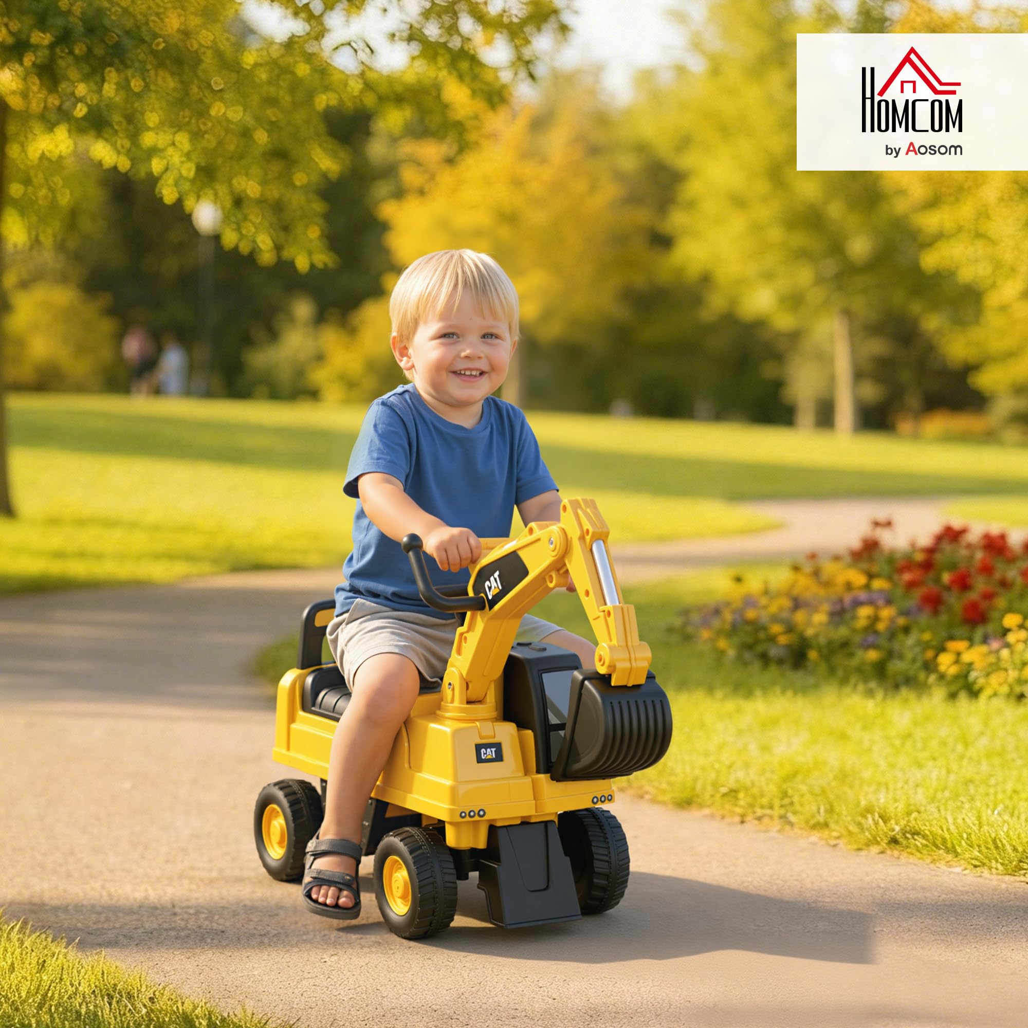 HOMCOM Ruspa Giocattolo con Licenza Caterpillar e Vano Contenitore, Escavatore Giocattolo Cavalcabile per Bambini da 1-3 Anni, Senza Batteria, Giallo