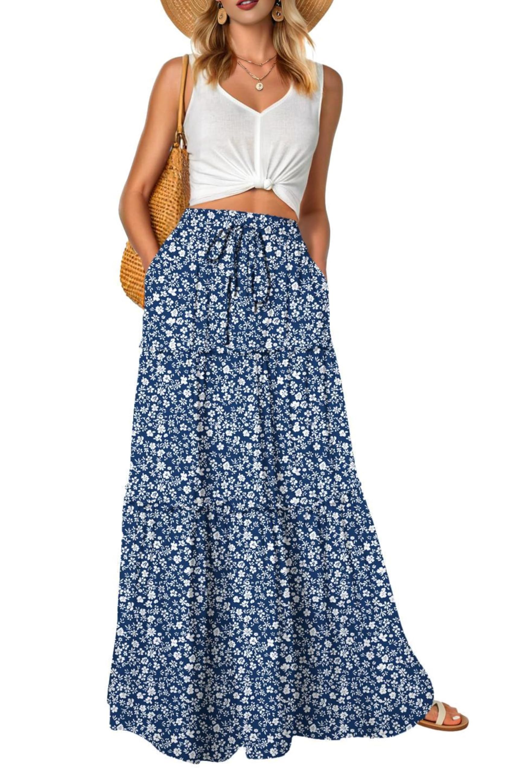 QIXING Damen Maxirock Sommer Boho Blumen Muster Hohe Taille Elastischer Bund Langer Fließender Rock mit Taschen Stufenrock Elegant Luftig