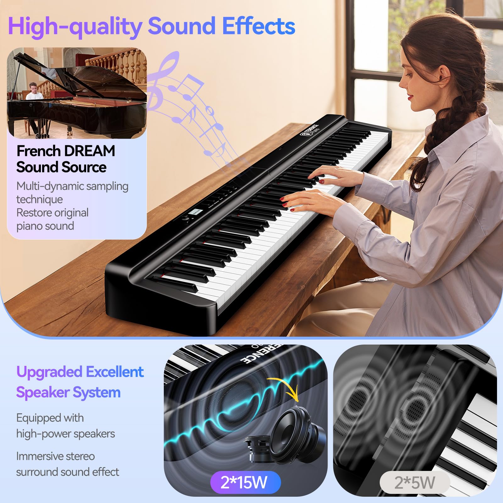 TERENCE pianoforte digitale 88 tasti pesati pieghevole con batteria da 2000 mAh supporto audio Bluetooth MIDI USB con altoparlante da 2 x 25W supporto per leggio