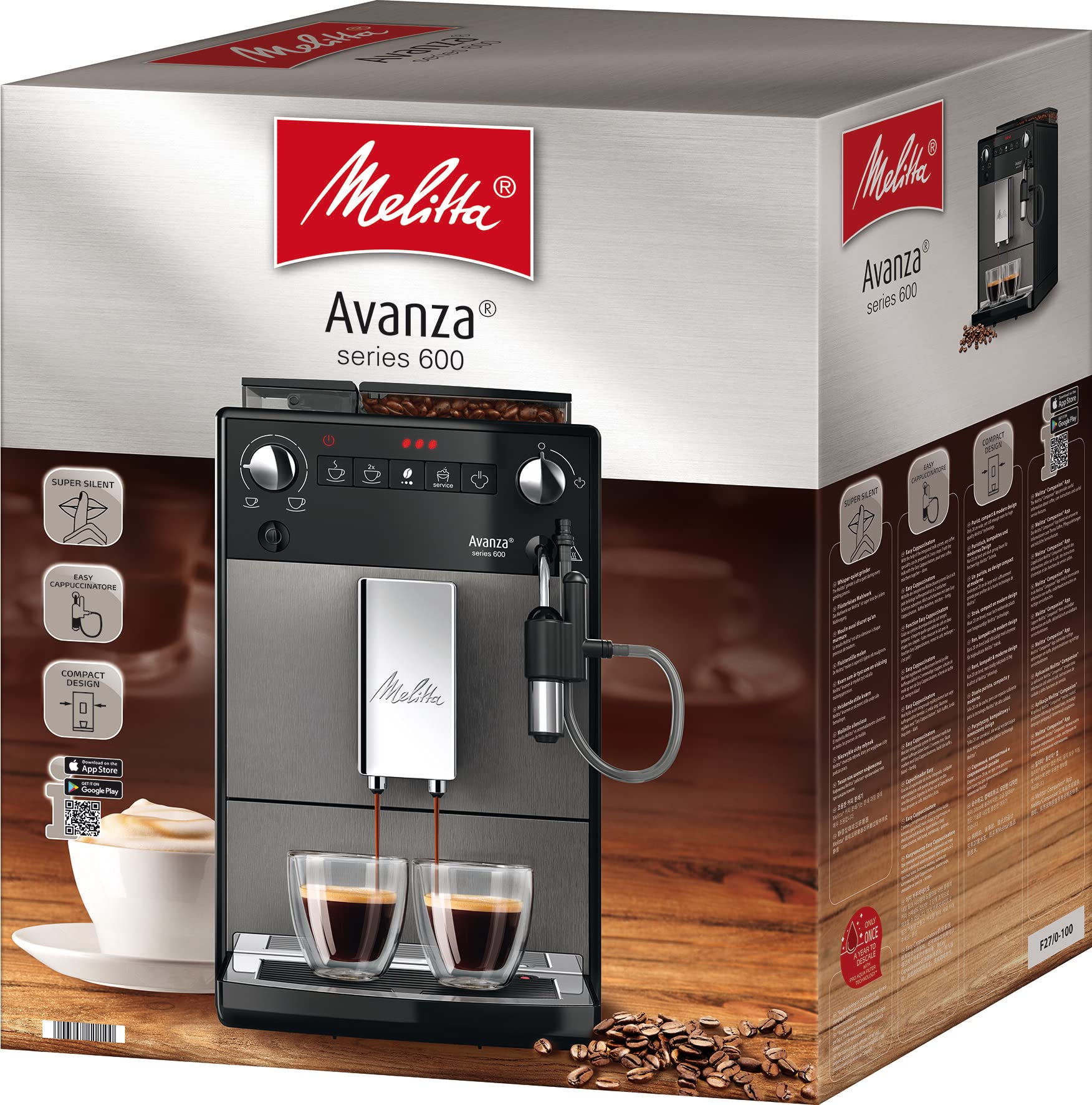 Melitta Avanza F270-100 Mystic Titan - Cafetera superautomática compacta con molinillo silencioso, máquina de café con capuchinador easy, depósitos XL, modo doble taza y limpieza automática, 1,5 L