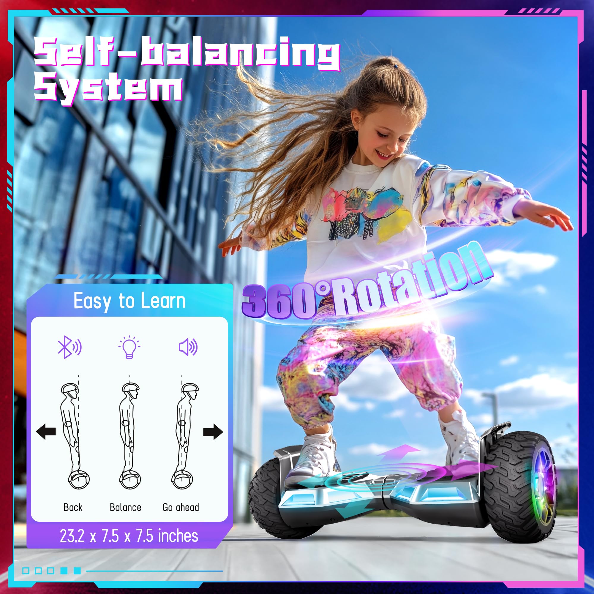 8,5-calowa deskorolka All Terrain Hoverboard z oświetleniem LED, samobalansująca deskorolka All Terrain Hoverboard z Bluetooth dla dzieci