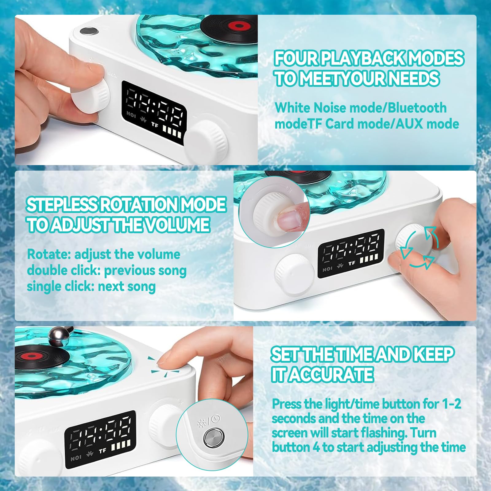 Waves - Altoparlante in vinile Bluetooth, con luce RGB e effetto onde d'acqua, 3 modalità stereo, con 4 suoni della natura, compatibile con scheda TF e modalità AUX (bianco)