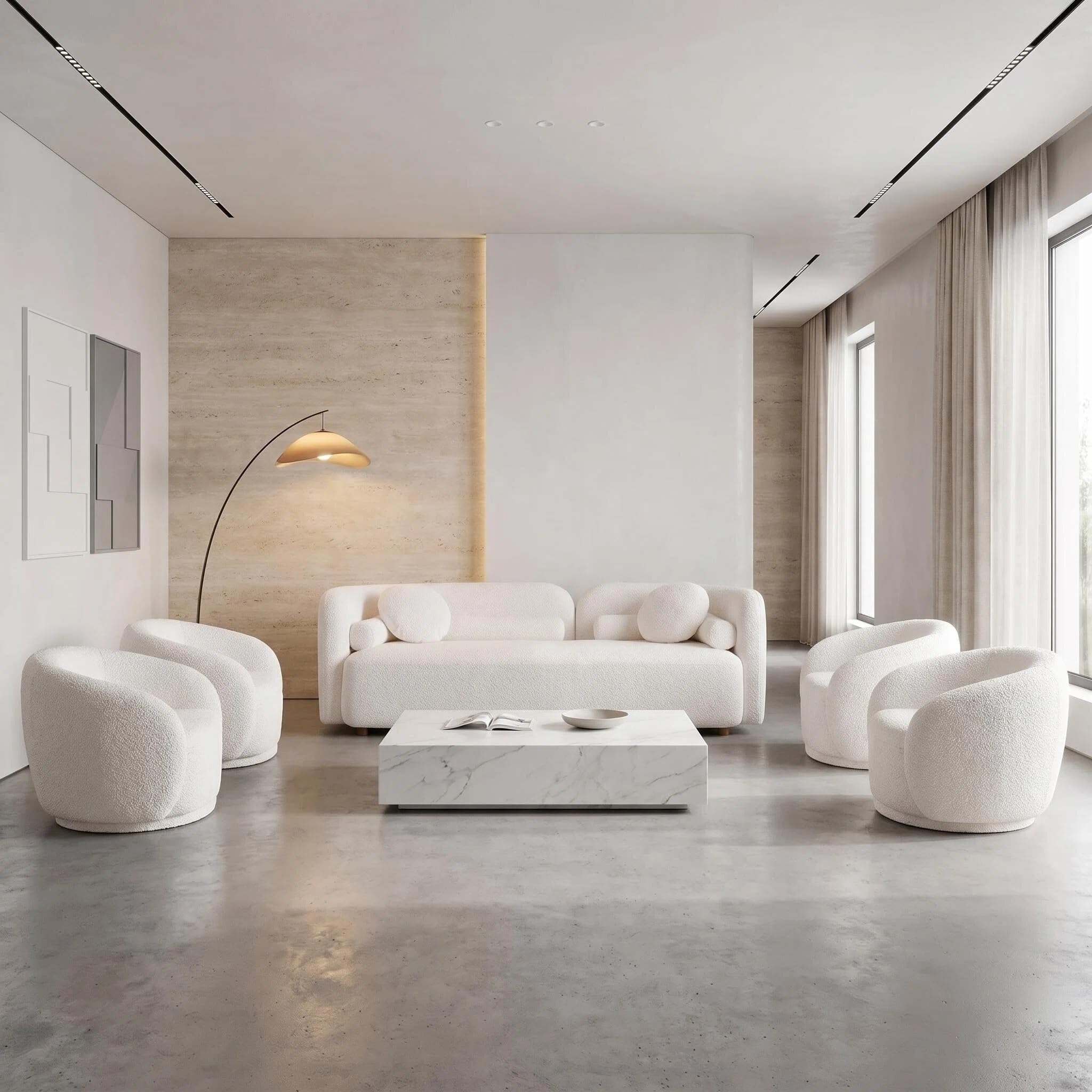 5-Piece Curved Couch Set, White Boucle Sofa, 4 Swivel Chairs