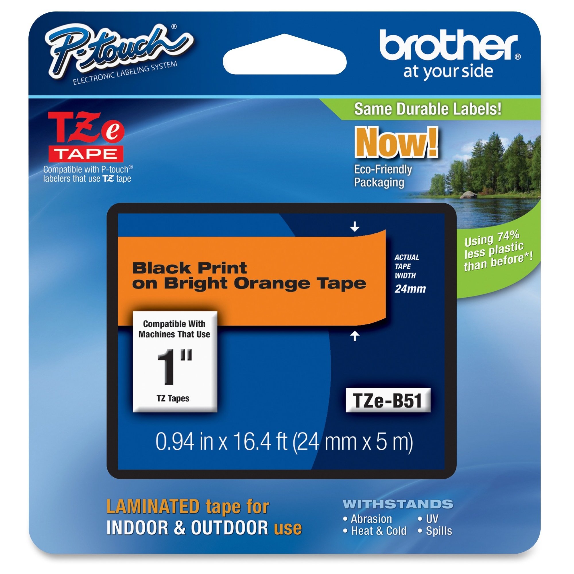 Brother Genuine P-touch TZE-B51 Tape, 1" (0.94") Wide Standard Laminated Tape, Black on Fluorescent Orange, Laminated for Indoor or Outdoor Use, Water-Resistant, 0.94" x 16.4' (24mm x 5M), TZEB51