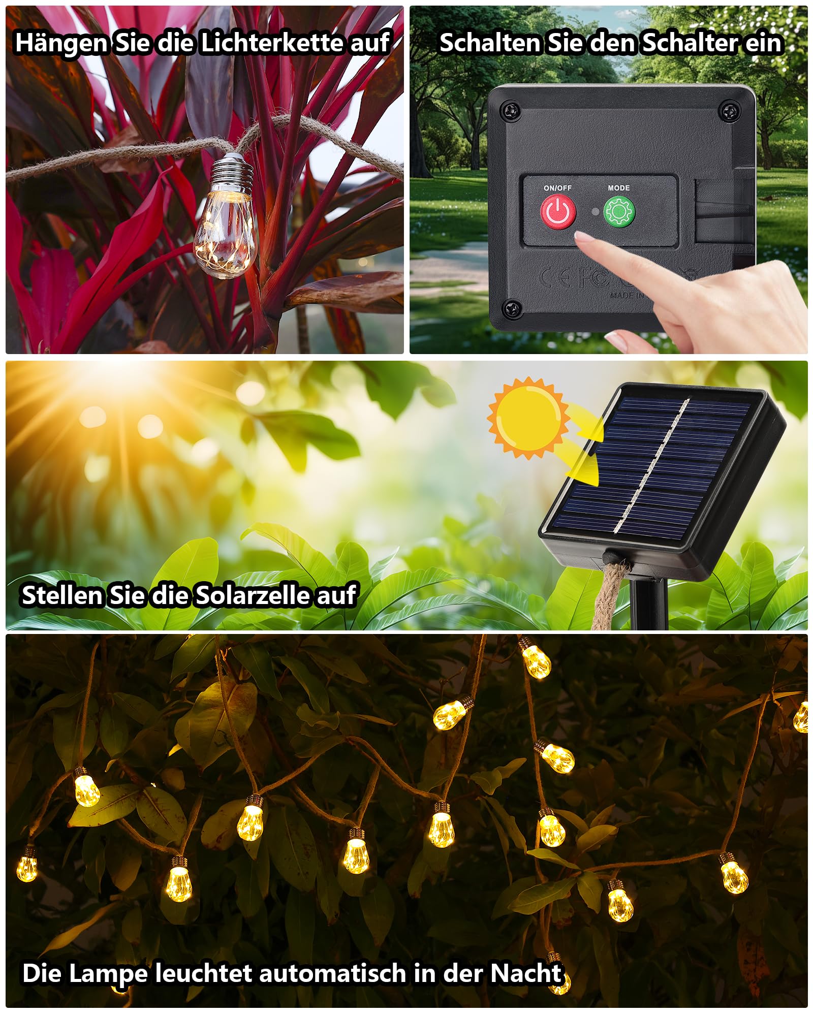 Catena Luminosa Solare Esterno | 8M 16 LED IP65 | 8 Modalità Luci Corda di Canapa Naturale | Impermeabile | per Feste, Giardino, Cortile, Balcone