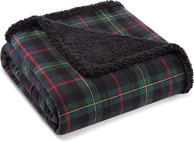 Eddie Bauer - Throw Blanket, Reversible Cotton Flannel Sherpa Bedding, Cozy Home Decor (Pine Tartan, Throw)