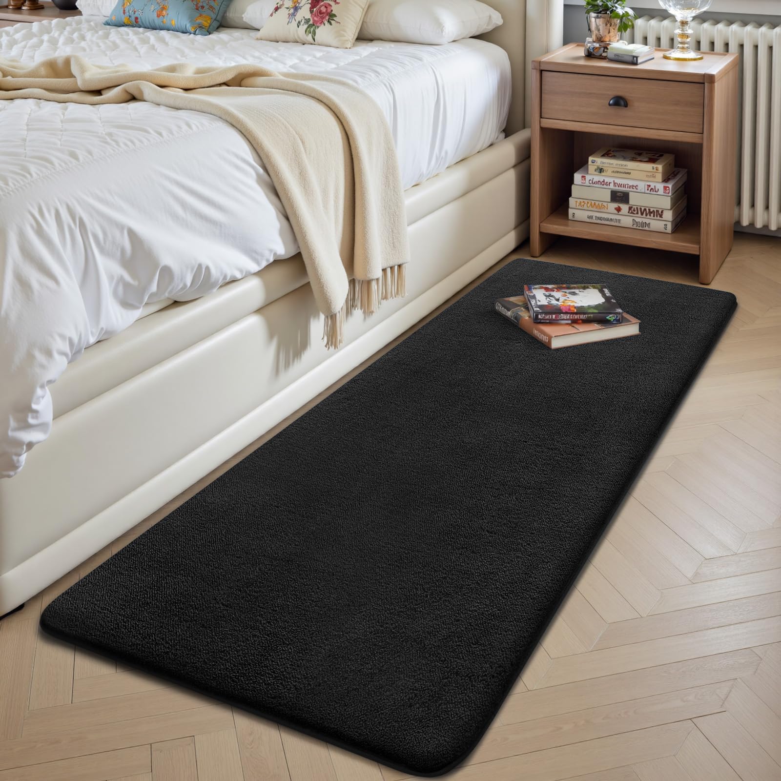 Treeboy Rugs Living Room 80x300cm,Black Shaggy Fluffy Rug,Short Pile Soft Runner Rugs,Anti-Slip Washable Area Rug for Bedroom,Modern Floor Carpets for Kids Living Room Hallway Entryway