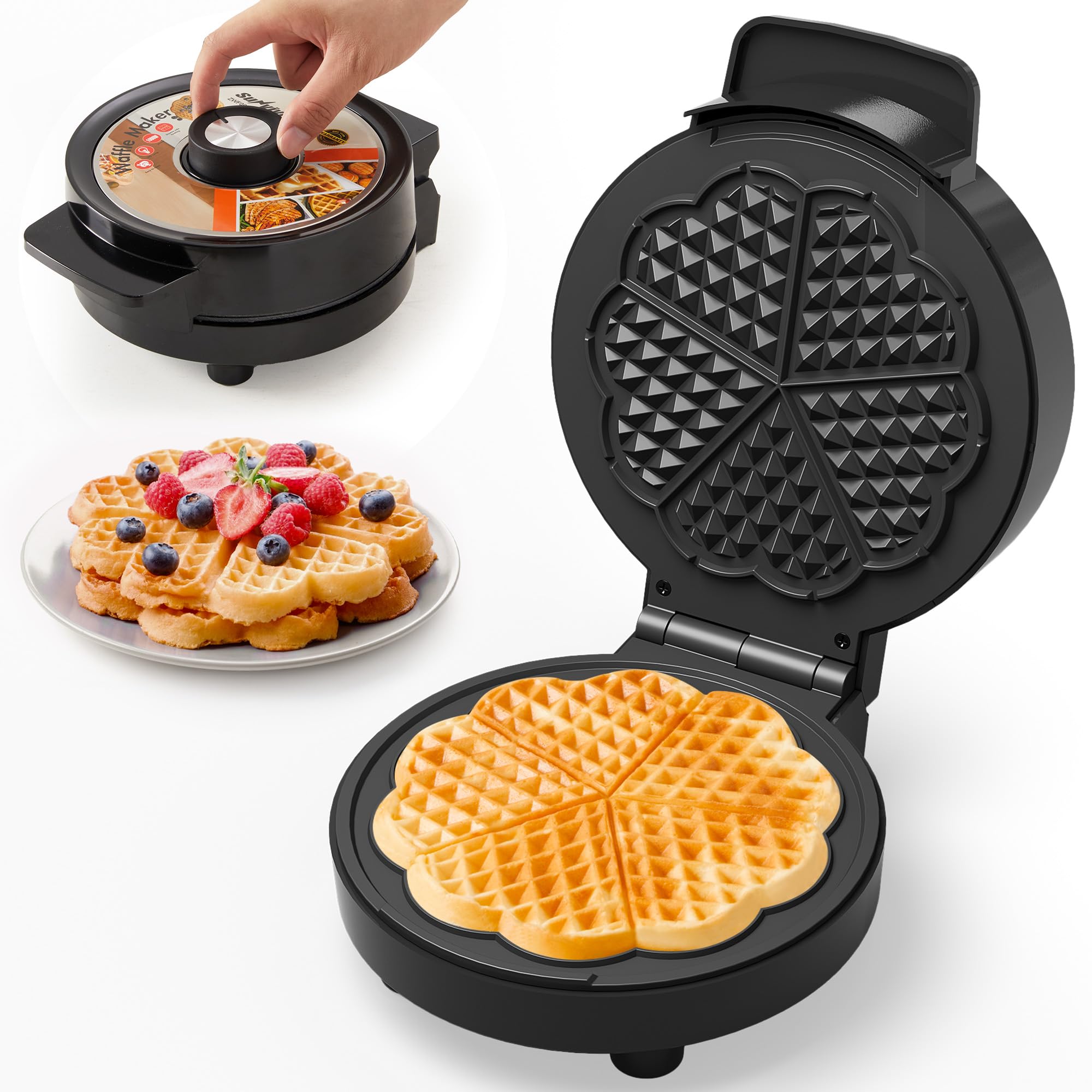 Heart Electric Waffle Iron: Belgian Waffle Maker with Temperature Control Knob, Waffle Machine with Nonstick Plates Easy Clean, Breakfast Maker for Kids and Families, Stainless Steel