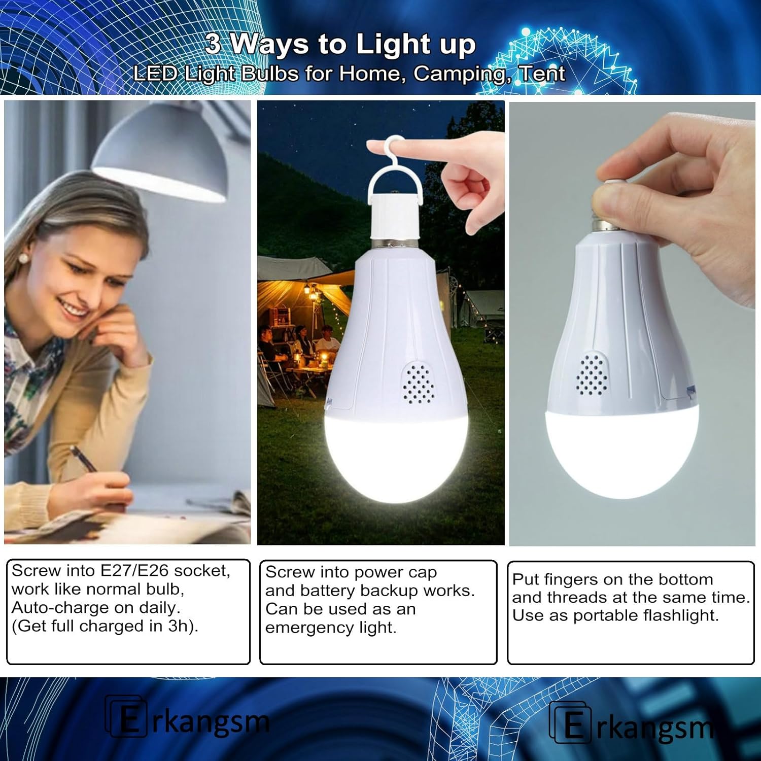Rechargeable Emergency Smart Light-Bulbs with Remote,Removable Battery Light Bulb,3 Color and Dimmable 1200mAh 12W LED Light Bulbs for Home, Camping, Tent (E27, with Hook)