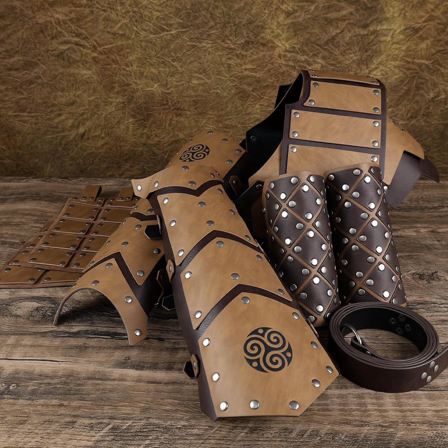 HiiFeuer 6 PCs Medieval Faux Leather Armor Set for Kids, Vintage Shoulder Armor Pauldron Bracers Leg Gaiters Waist Armor