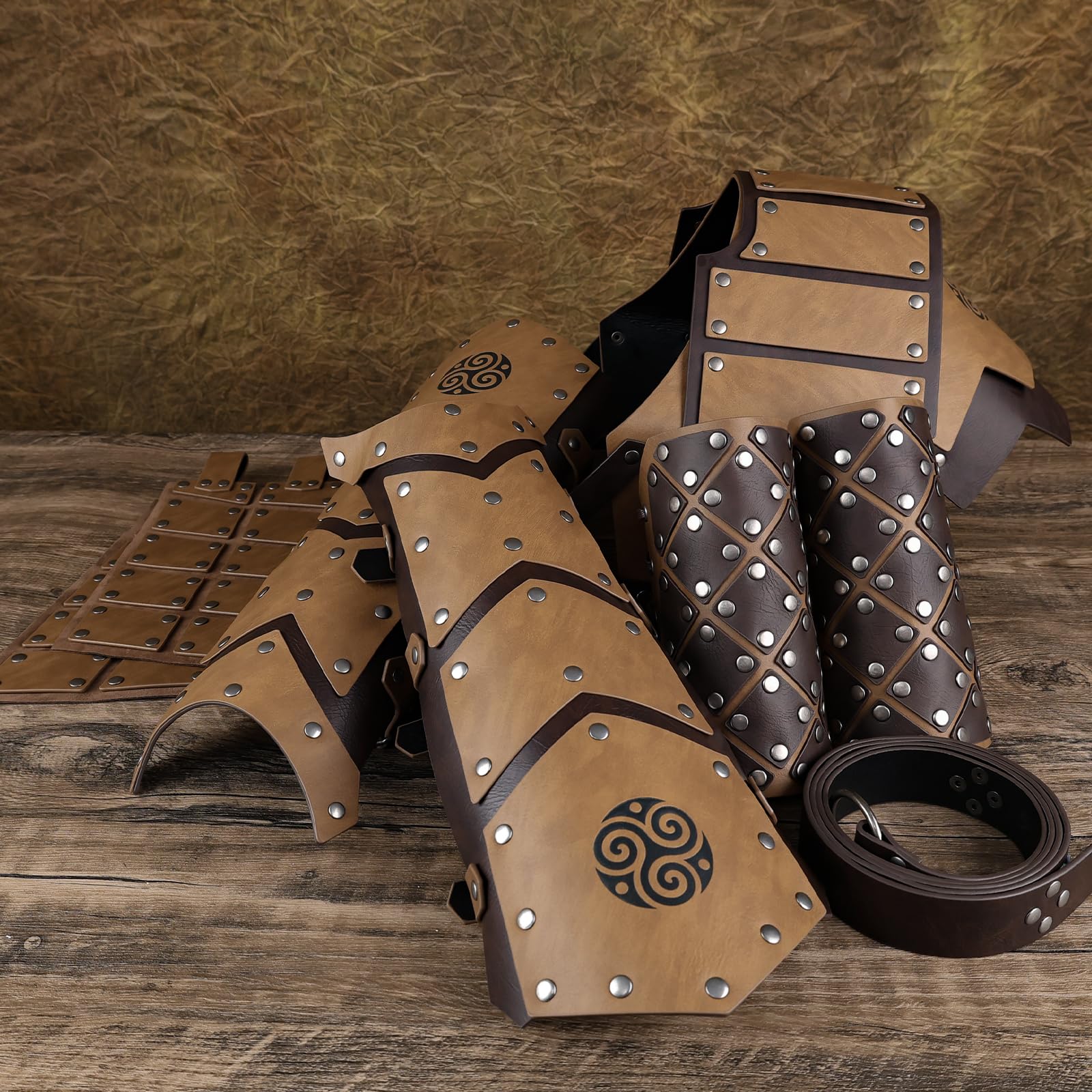 HiiFeuer 6 PCs Medieval Faux Leather Armor Set for Kids Vintage Shoulder Armor Pauldron Bracers Leg Gaiters Waist Armor (Brown A) - Image 2