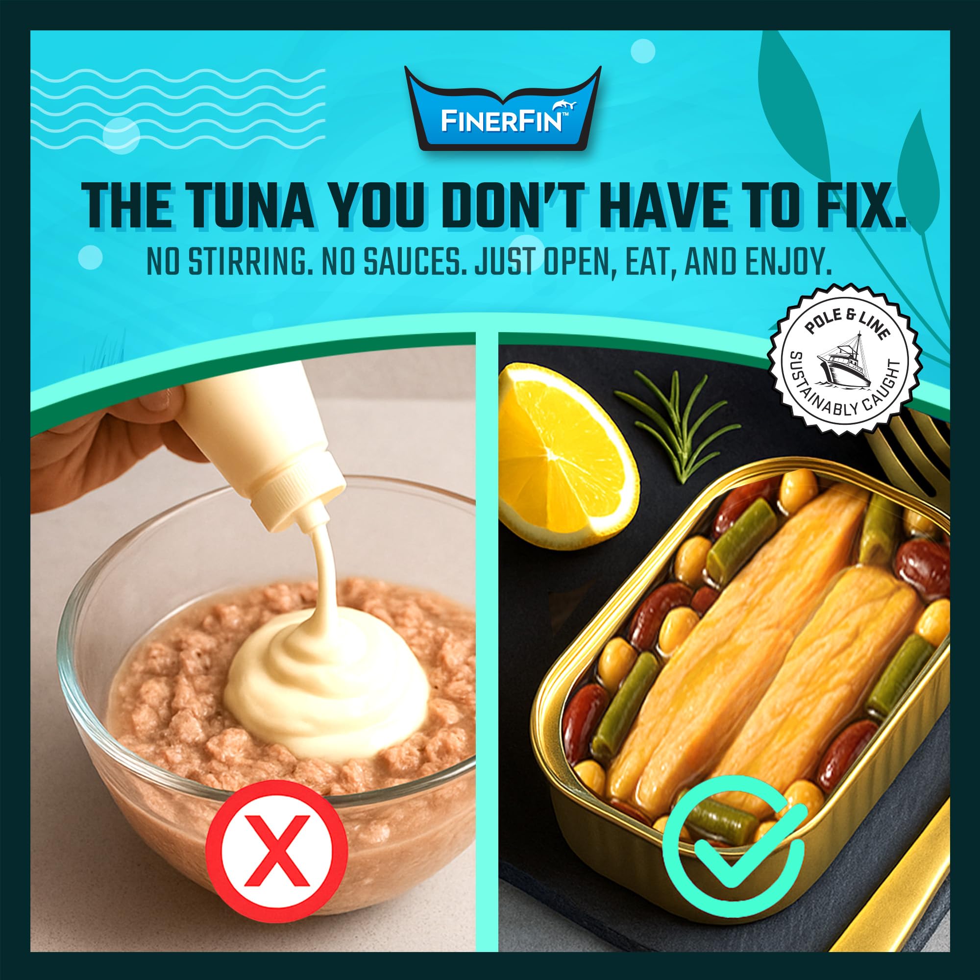 FinerFin Yellowfin Tuna Fillets In Organic Olive Oil – 3 Bean Salad Flavor (4.4oz can - 2 Pack); Premium Canned Fish with EVOO, Gourmet Ready-to-Eat Fillets, Pole & Line Caught