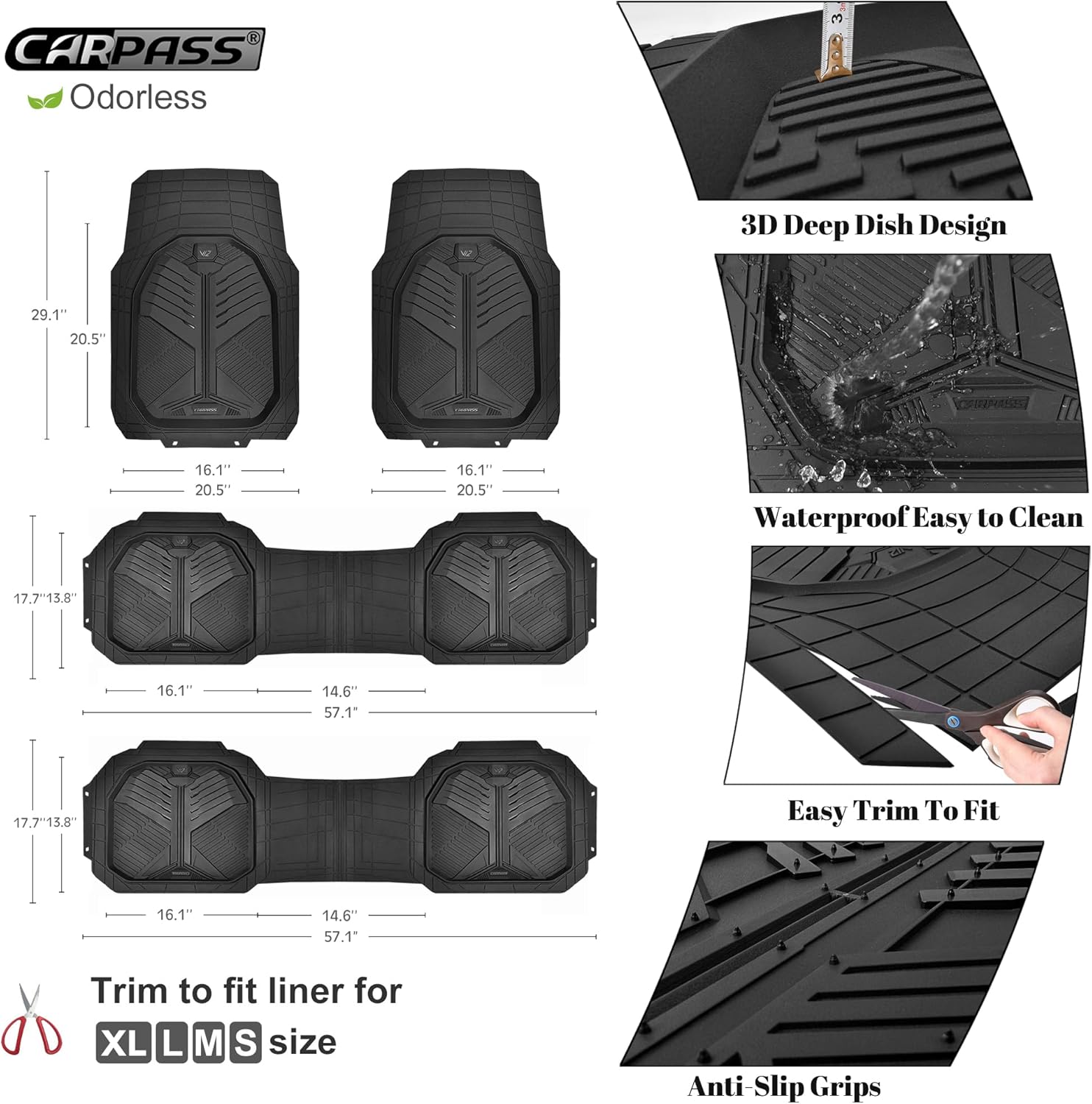 CAR PASS Heavy Duty Rubber Car Mats, Deep-Dish All Weather 3 Row Car Floor Mats for 7 Seater 8 Seats 2nd & 3rd Row, Waterproof Anti-Slip Universal Trim-to-Fit for SUV, MPV, 7 Passengers Vehicle - Image 6