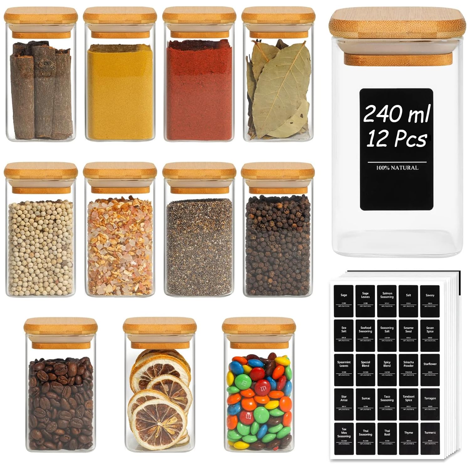 ComSaf 12 Pcs Glass Spice Jars with Bamboo Lids, 240ml Square Seasoning Jars with Black Lables, Airtight Spice Jars with Lids, Glass Storage Container for Spice, Salt, Sugar, Seeds, Nuts etc