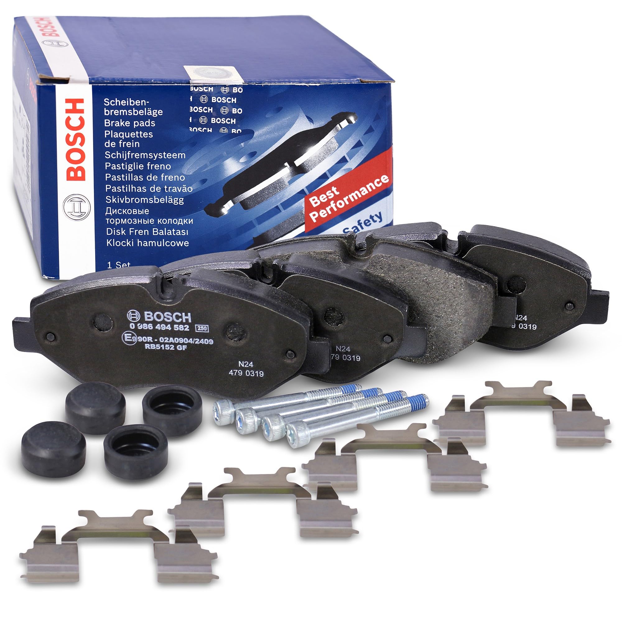Bosch BP1231 - Pastiglie Freni Auto, Delantero - Calidad Bosch - Reducción de Ruido y Polvo - Certificación ECE-R90 - Sin Cobre - 1 Juego de 4 Pastillas - Con Accesorios
