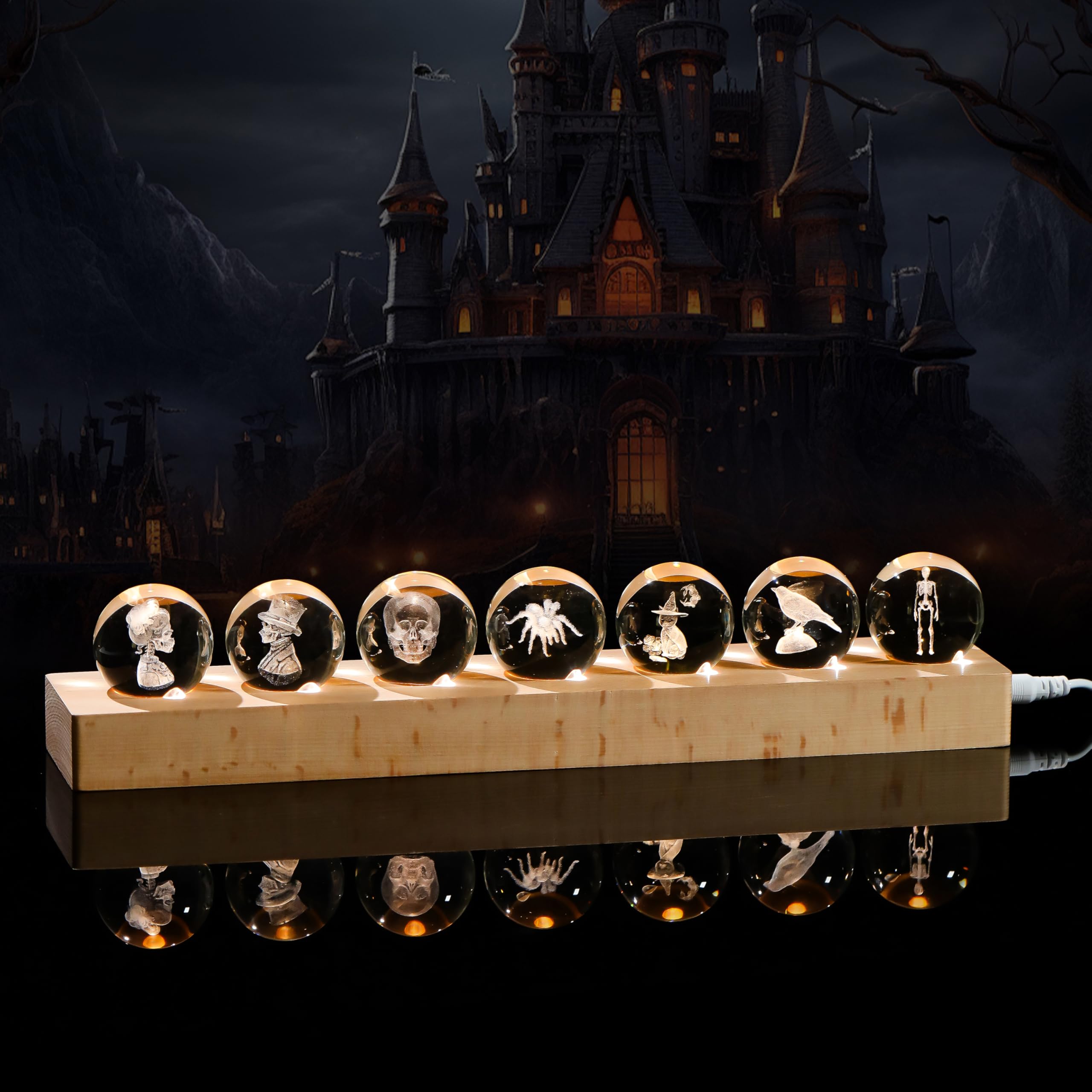 Qianwei 3D Crystal Ball Gothic Halloween Decor with Led Lamp Base - Best Birthday Gift for Man Teacher Boy Kids - Skeleton Bride Gloom Spider Skull Wizard Cat Raven Gifts
