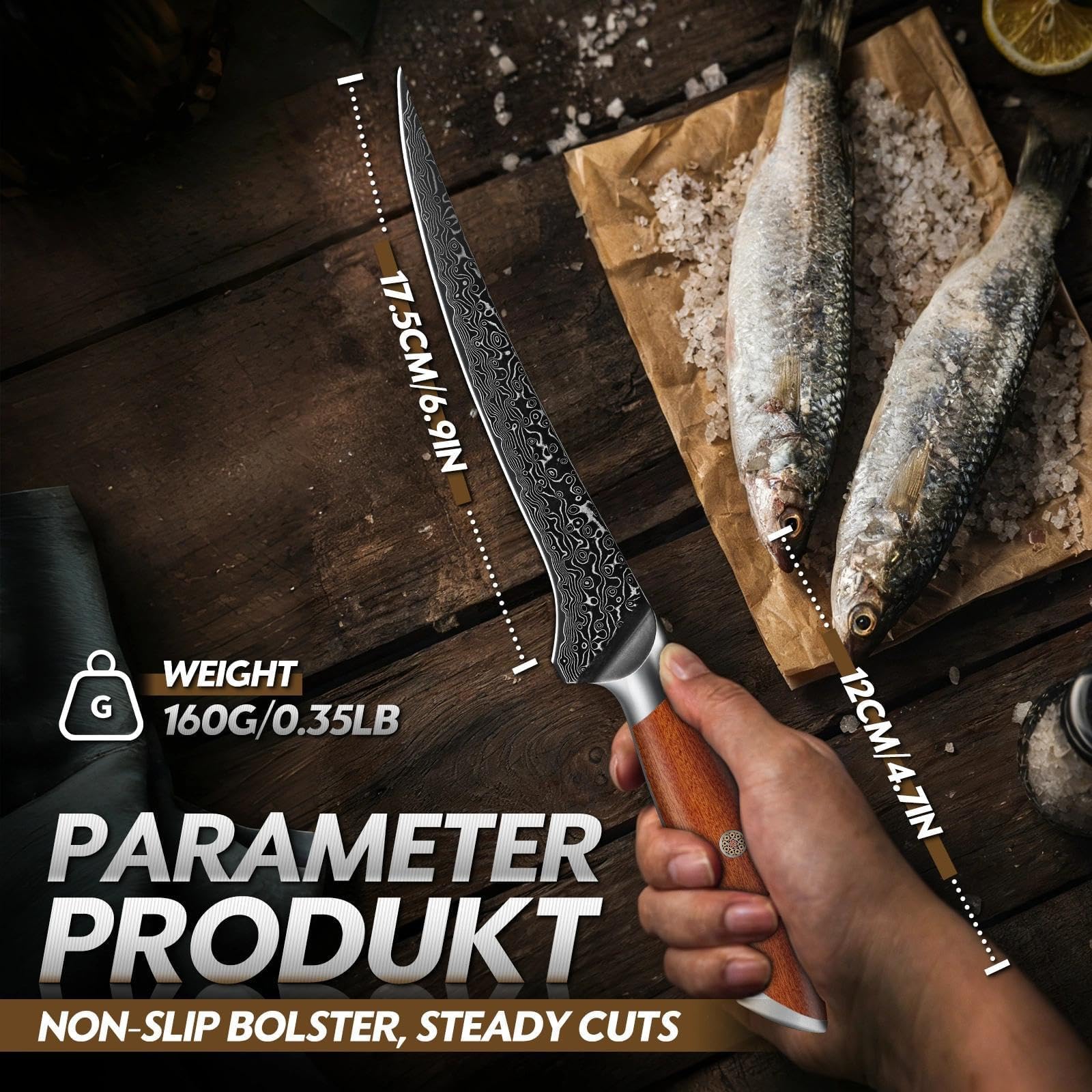 Freelander Filetiermesser Fisch Profi aus Hochkohlenstoffstahl, Scharfes Ausbeinmesser mit Ergonomischer Holzgriff, Küchenmesser zum Filetieren von Fisch, Fleisch und Meeresfrüchten mit Geschenkbox