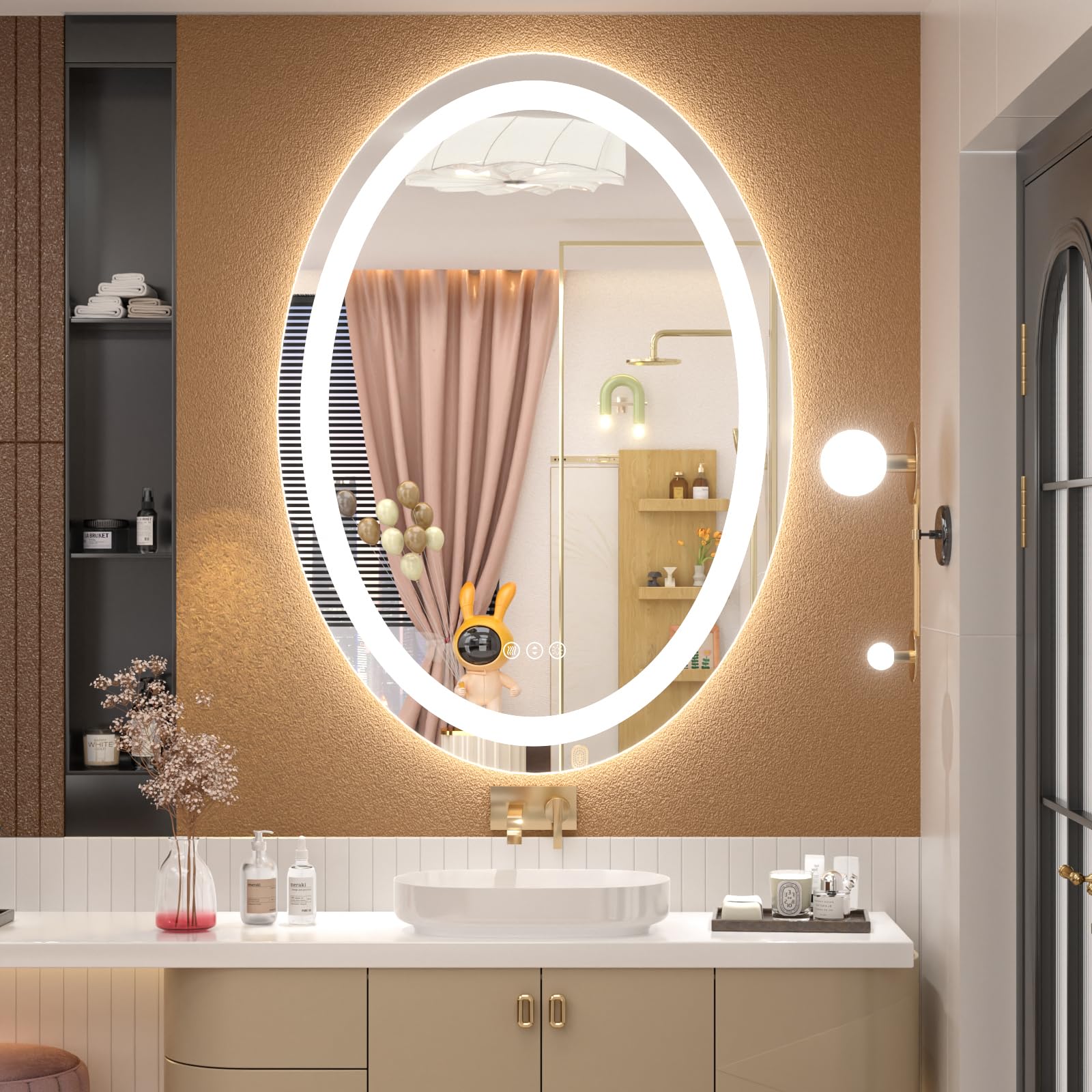 OKPAL Oval LED Mirror for Bathroom 40x30, Bathroom Mirror with Lights, Oval Lighted Bathroom Mirror, Anti-Fog, Shatter-Proof, Dimmable, Memory, 3 Colors (Front Lights + Backlit)